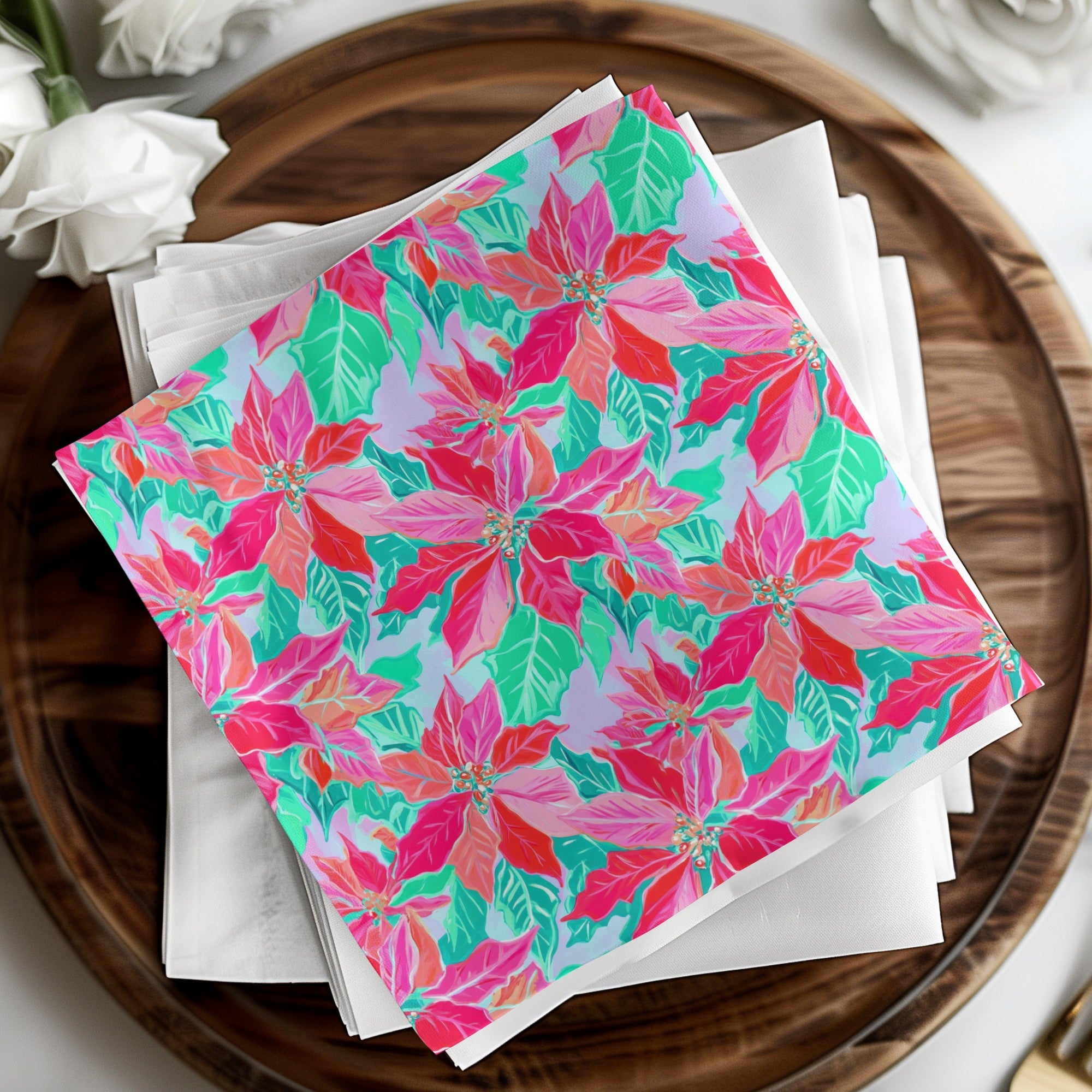 Pink Poinsettia Digital Paper, Christmas Floral Pattern, Winter Holiday Print, Seamless Texture, Festive Scrapbook, Watercolor Style - Moore and Mountain