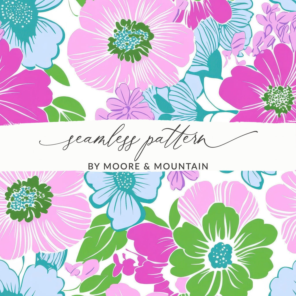 Pink Preppy Groovy Floral Background, Digital Seamless Retro Flowers Pattern, 60s Floral Pattern Design, Fabric Print, Wallpaper - Moore and Mountain