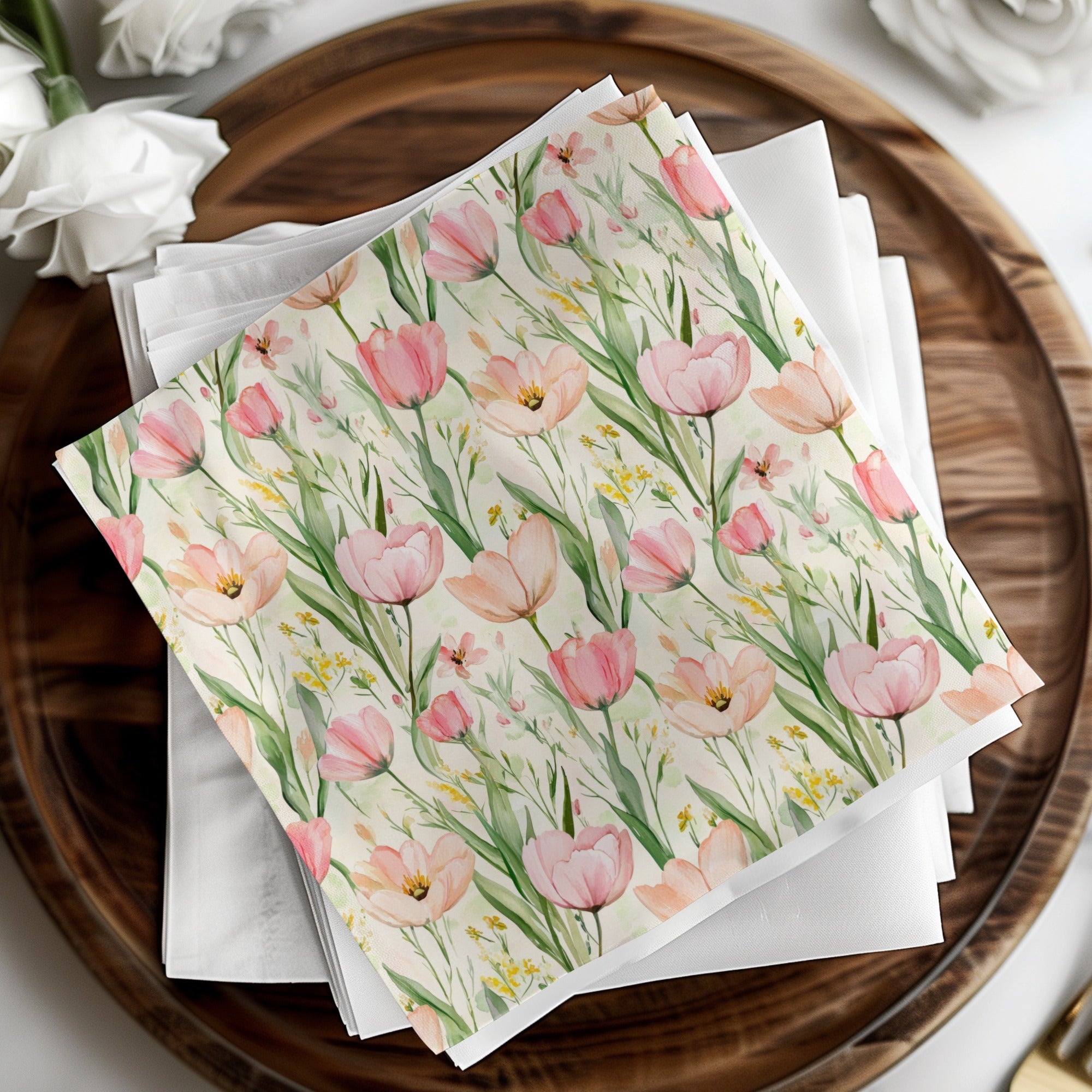 Pink Tulip Pattern Digital Paper, Watercolor Pink Floral Tulips Spring - Moore and Mountain