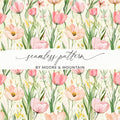 Pink Tulip Pattern Digital Paper, Watercolor Pink Floral Tulips Spring - Moore and Mountain