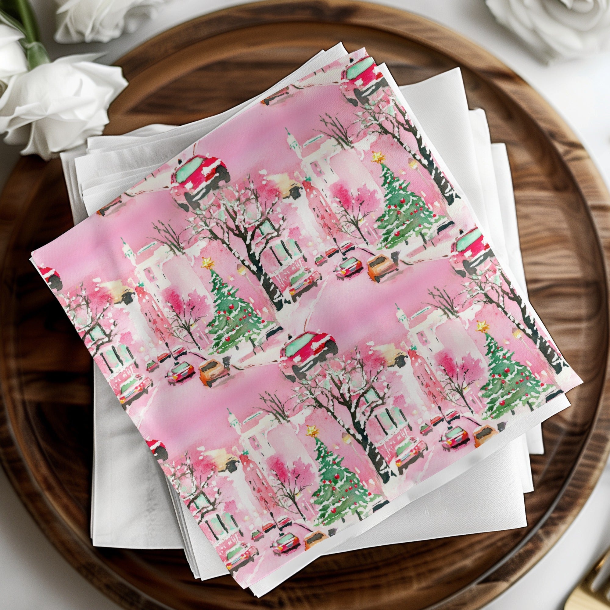 Pink Watercolor Christmas Digital Paper, Snowy Cityscape Pattern, Holiday Car Print, Winter Background, Christmas Seamless Pattern - Moore and Mountain