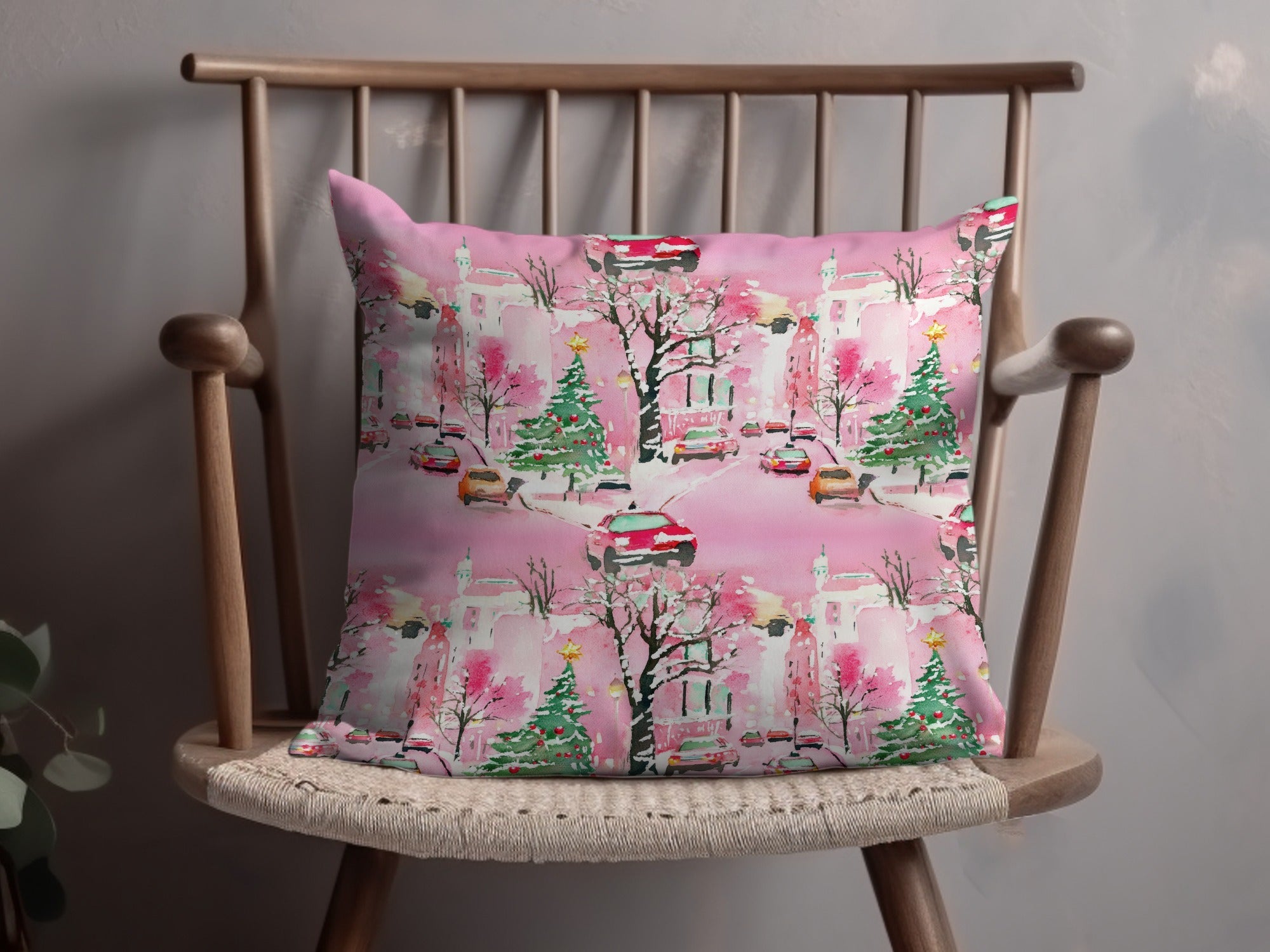 Pink Watercolor Christmas Digital Paper, Snowy Cityscape Pattern, Holiday Car Print, Winter Background, Christmas Seamless Pattern - Moore and Mountain