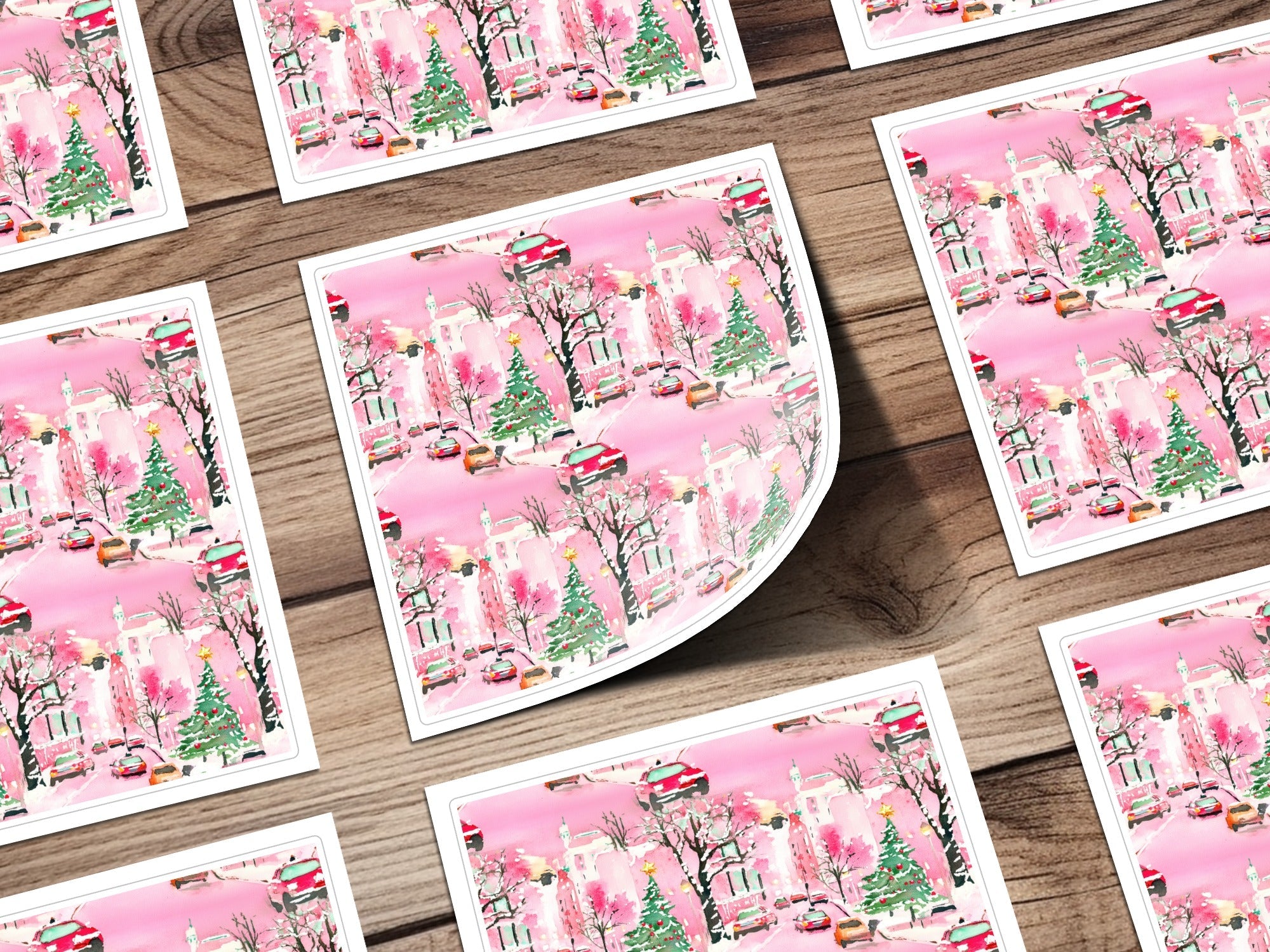 Pink Watercolor Christmas Digital Paper, Snowy Cityscape Pattern, Holiday Car Print, Winter Background, Christmas Seamless Pattern - Moore and Mountain