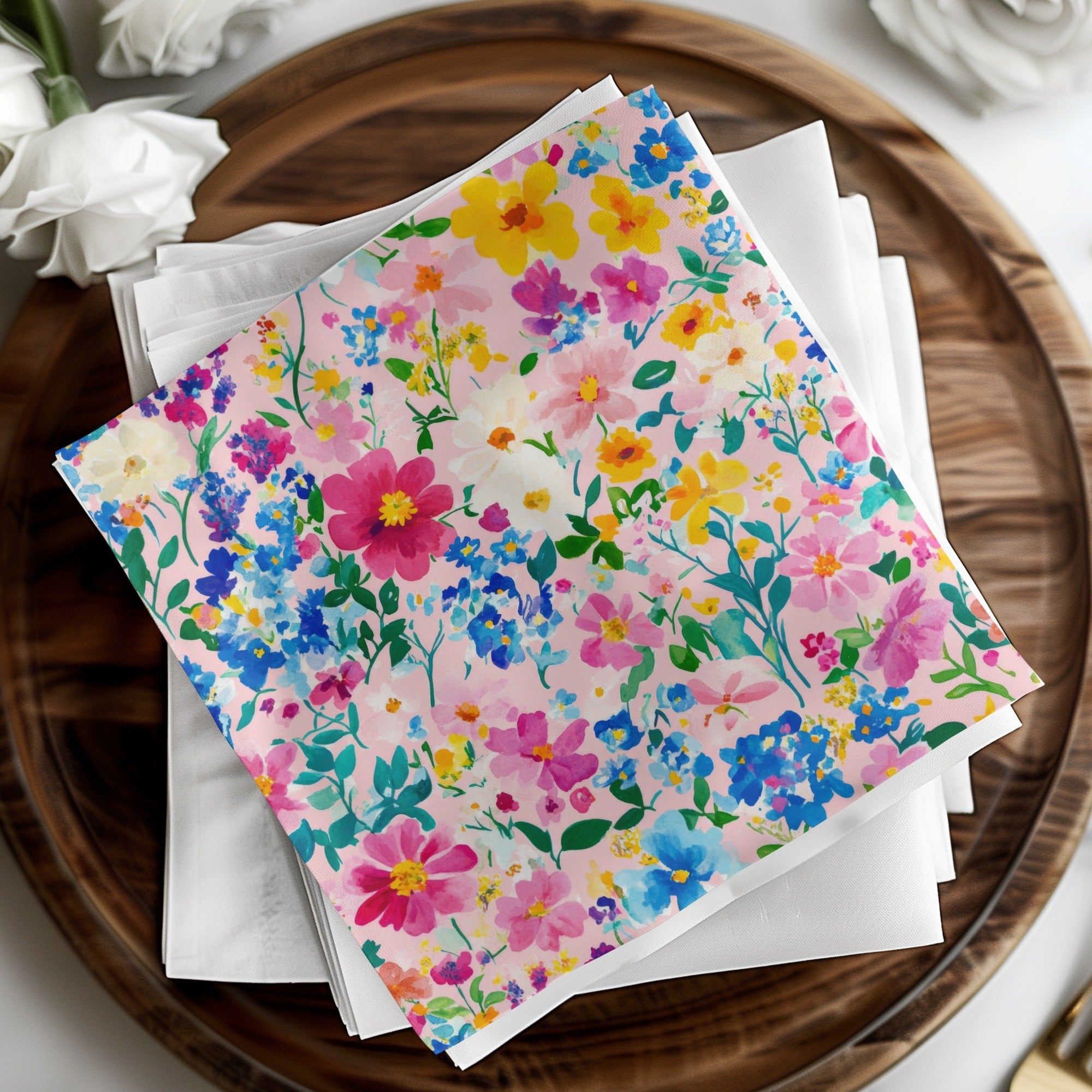 Pink Watercolor Floral Digital Paper, Summer Flower Pattern, Blue Pink Yellow Flowers, Abstract Botanical Seamless Texture, Printable Art - Moore and Mountain