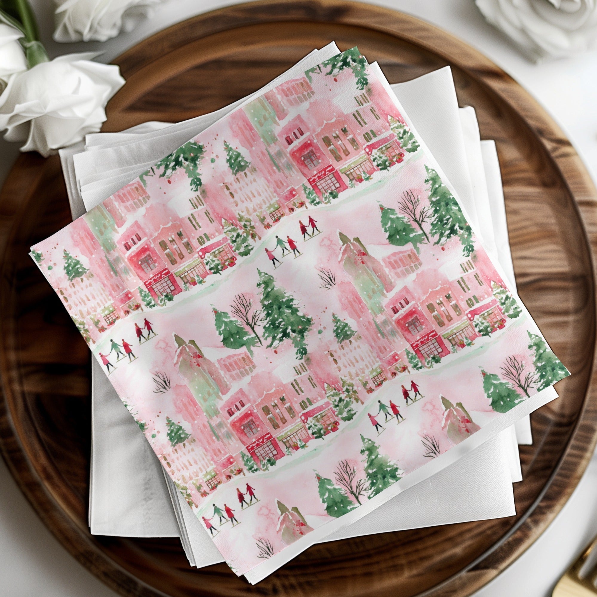 Pink Winter Town Watercolor, Christmas Digital Paper, Holiday Pattern, Cute Town Illustration, Xmas Fabric Design, Festive Seamless Repeat - Moore and Mountain
