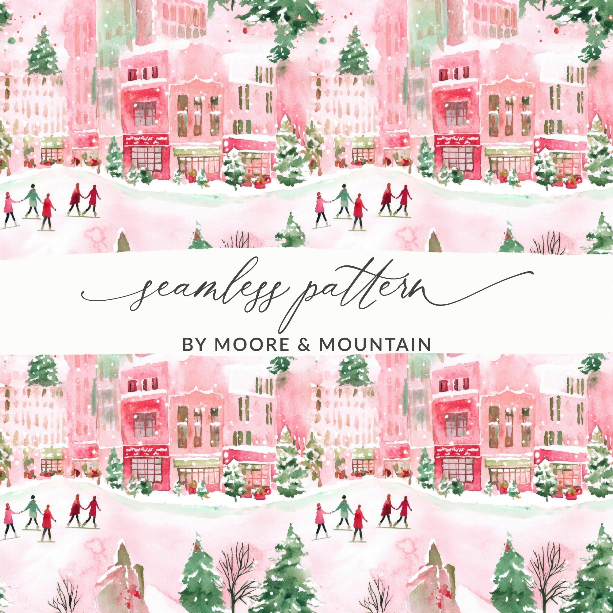 Pink Winter Town Watercolor, Christmas Digital Paper, Holiday Pattern, Cute Town Illustration, Xmas Fabric Design, Festive Seamless Repeat - Moore and Mountain