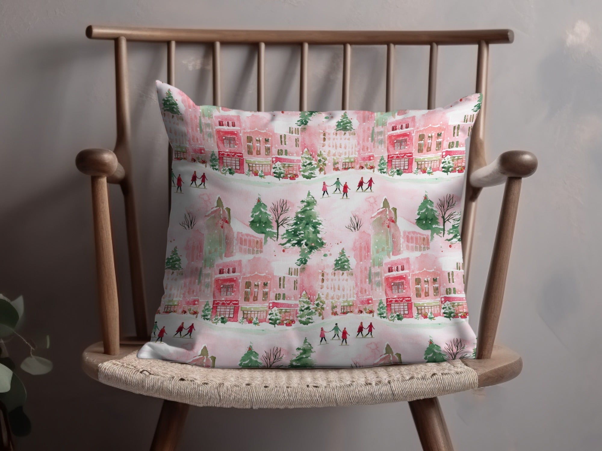 Pink Winter Town Watercolor, Christmas Digital Paper, Holiday Pattern, Cute Town Illustration, Xmas Fabric Design, Festive Seamless Repeat - Moore and Mountain