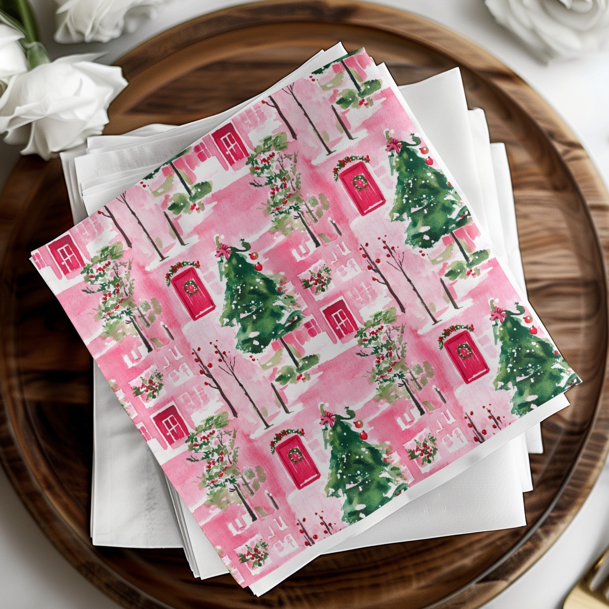 Pink Winter Watercolor Christmas Pattern Digital Paper, Holiday Seamless Design, Festive Digital Download, Scrapbooking Paper - Moore and Mountain