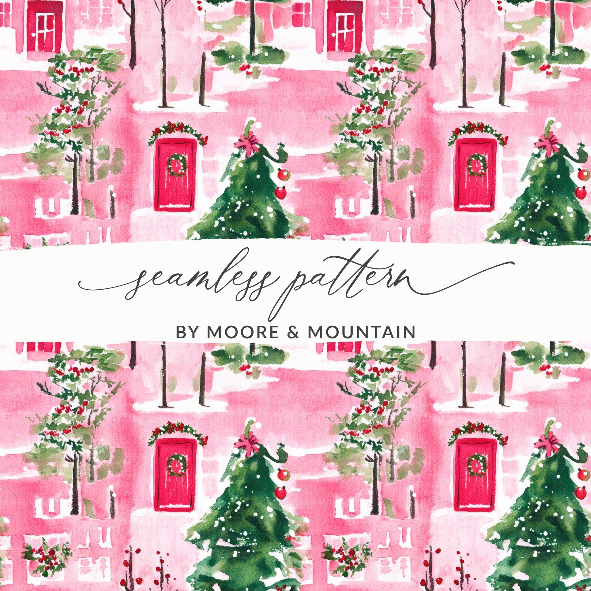 Pink Winter Watercolor Christmas Pattern Digital Paper, Holiday Seamless Design, Festive Digital Download, Scrapbooking Paper - Moore and Mountain