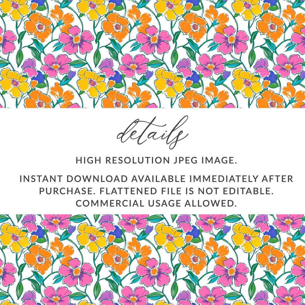 Preppy 60's Floral Pattern Digital Background, Pink Yellow Orange Flowers Seamless Pattern, Retro Floral Printable Design, Vibrant Floral - Moore and Mountain