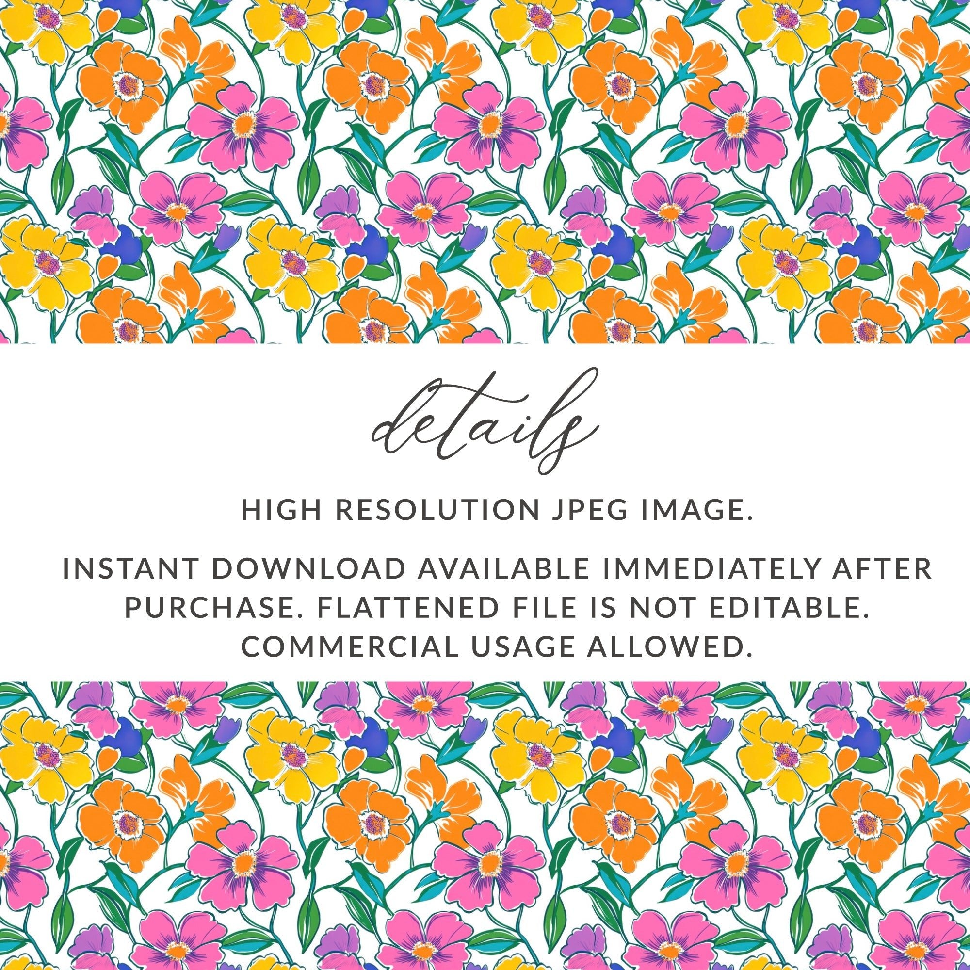 Preppy 60's Floral Pattern Digital Background, Pink Yellow Orange Flowers Seamless Pattern, Retro Floral Printable Design, Vibrant Floral - Moore and Mountain