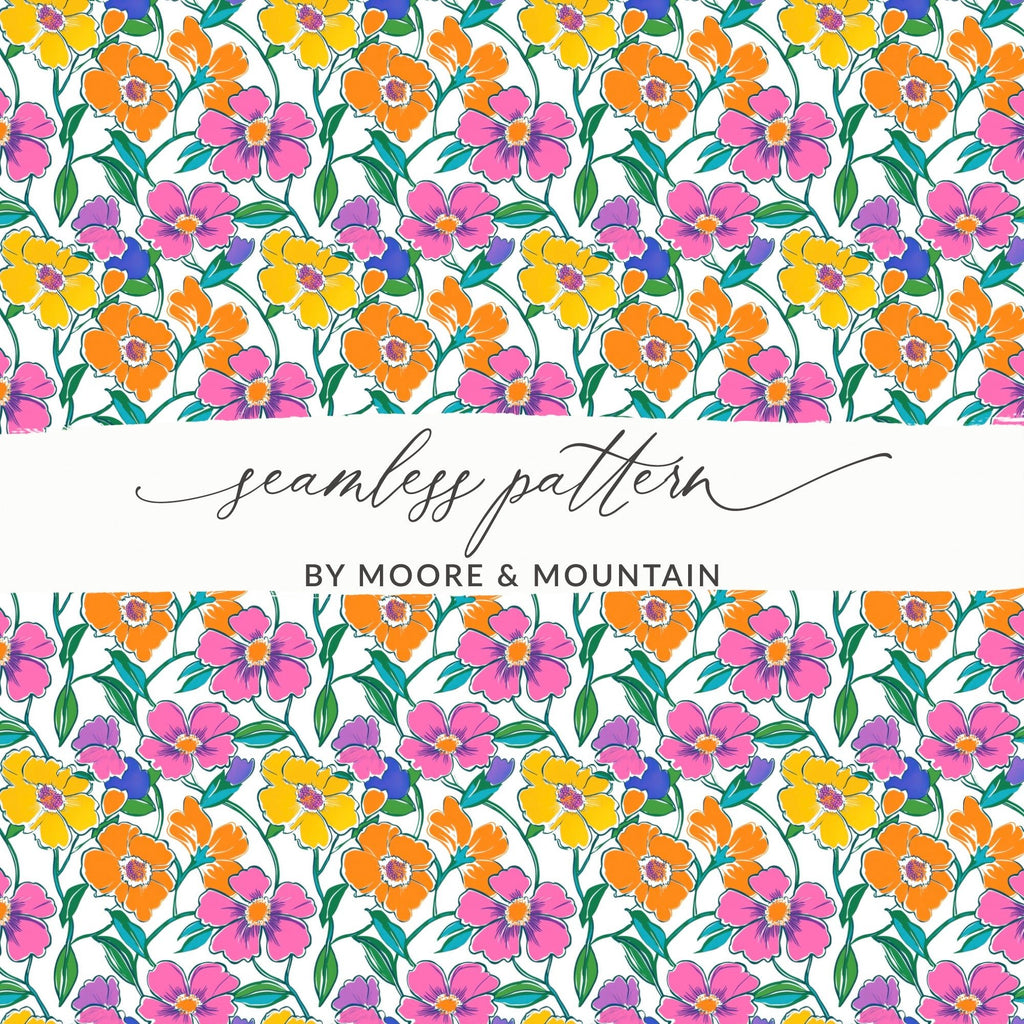 Preppy 60's Floral Pattern Digital Background, Pink Yellow Orange Flowers Seamless Pattern, Retro Floral Printable Design, Vibrant Floral - Moore and Mountain