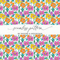 Preppy 60's Floral Pattern Digital Background, Pink Yellow Orange Flowers Seamless Pattern, Retro Floral Printable Design, Vibrant Floral - Moore and Mountain