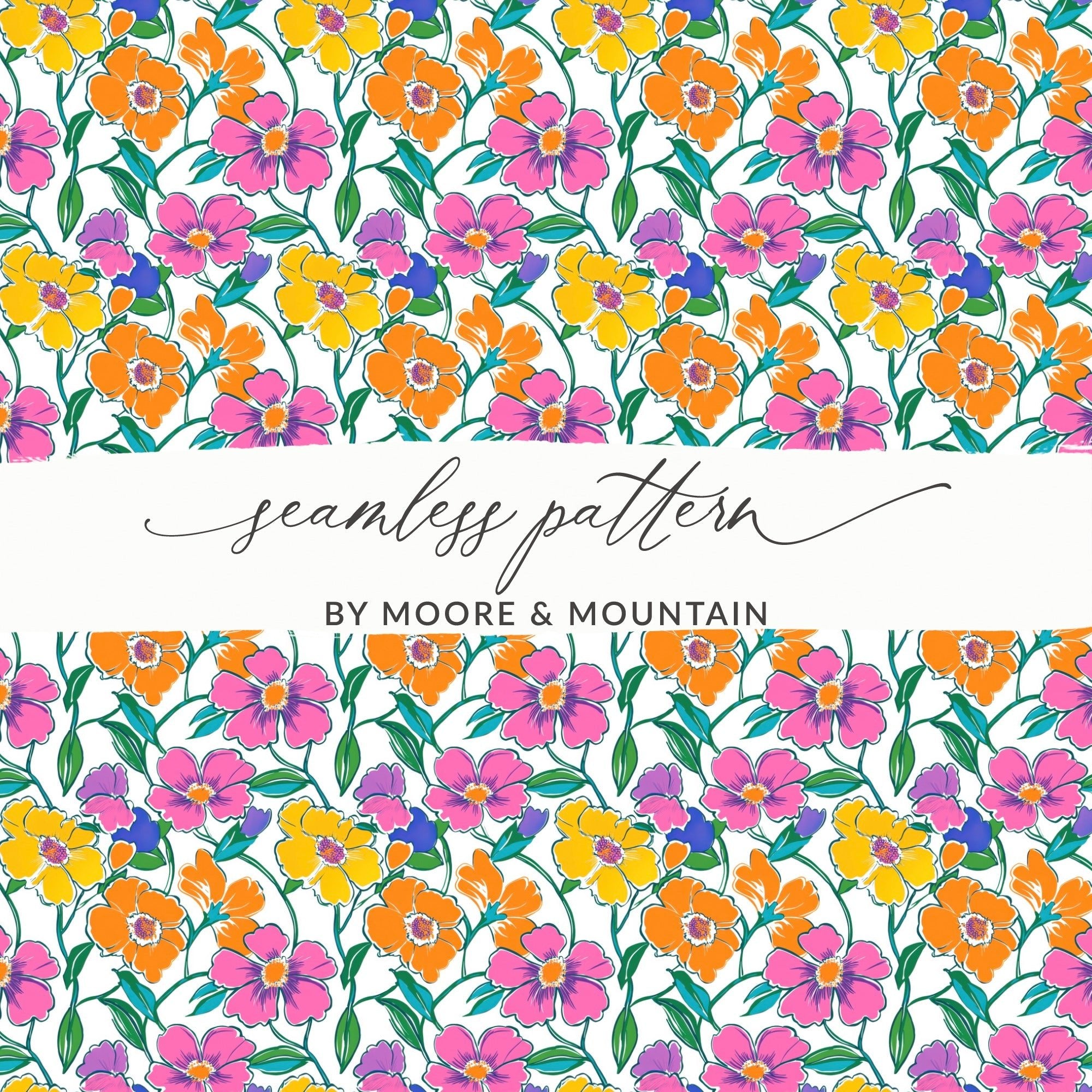 Preppy 60's Floral Pattern Digital Background, Pink Yellow Orange Flowers Seamless Pattern, Retro Floral Printable Design, Vibrant Floral - Moore and Mountain
