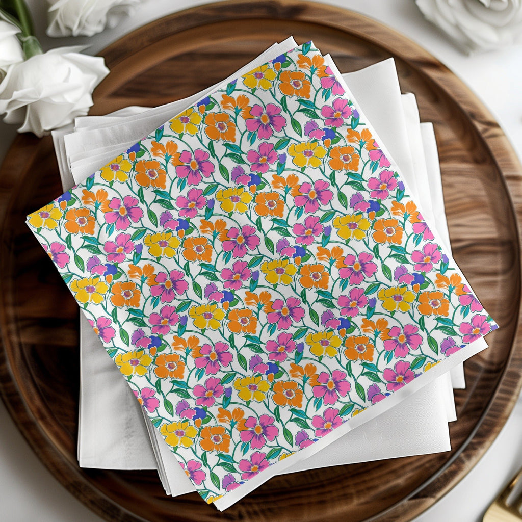 Preppy 60's Floral Pattern Digital Background, Pink Yellow Orange Flowers Seamless Pattern, Retro Floral Printable Design, Vibrant Floral - Moore and Mountain
