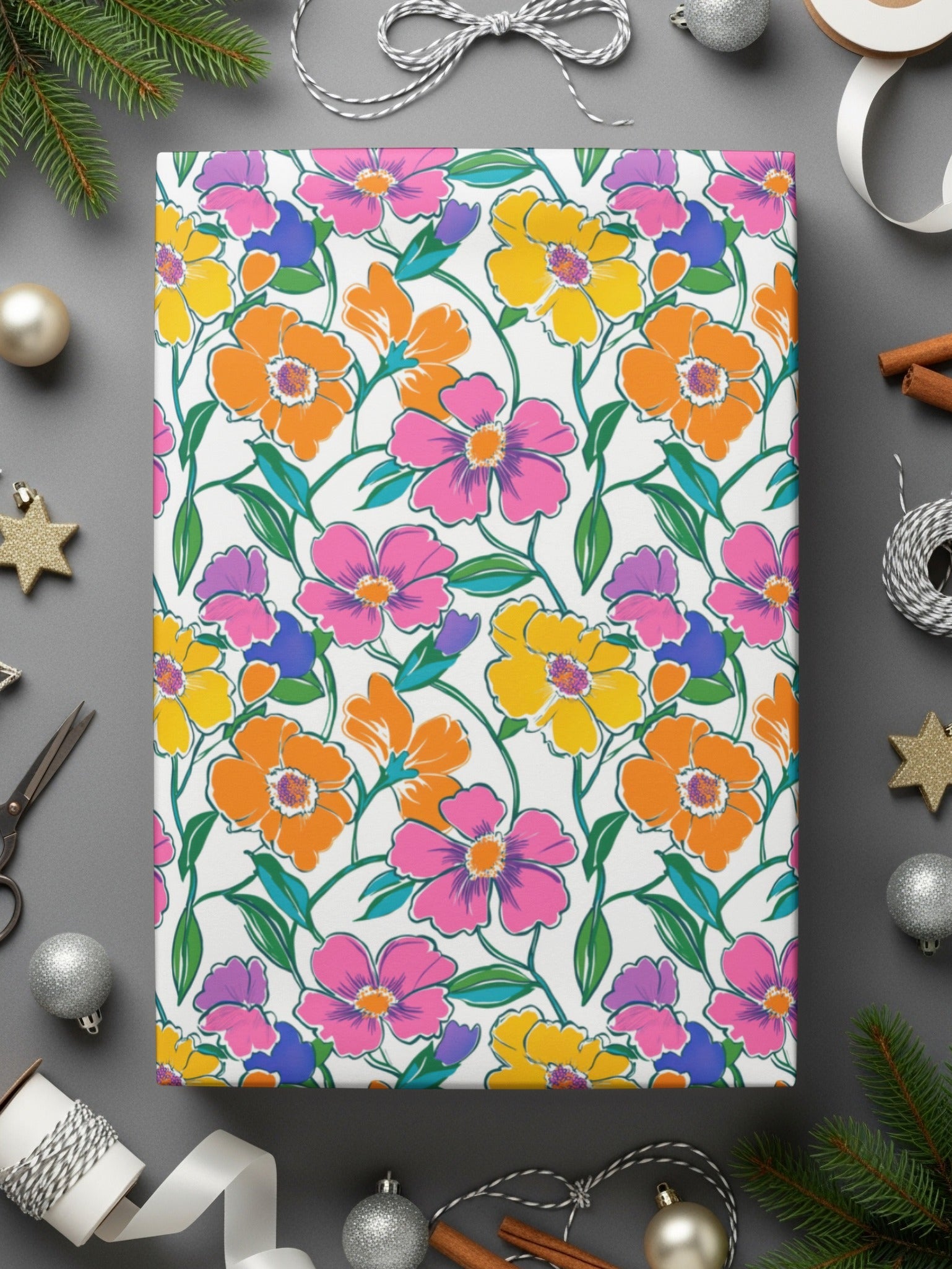 Preppy 60's Floral Pattern Digital Background, Pink Yellow Orange Flowers Seamless Pattern, Retro Floral Printable Design, Vibrant Floral - Moore and Mountain