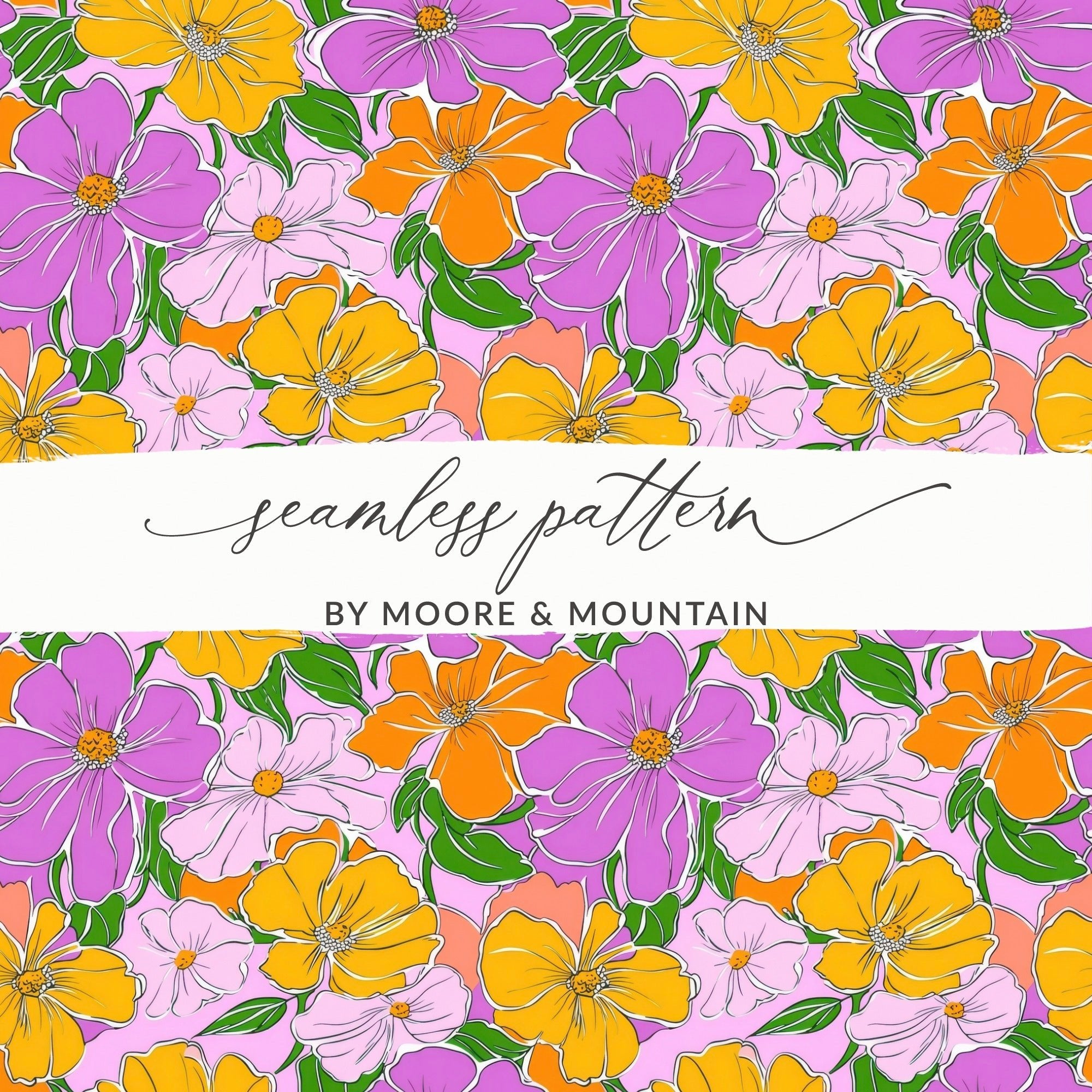 Preppy 60's floral pattern, pink orange seamless pattern, digital background, vibrant flower digital paper, retro floral print digital product - Moore and Mountain