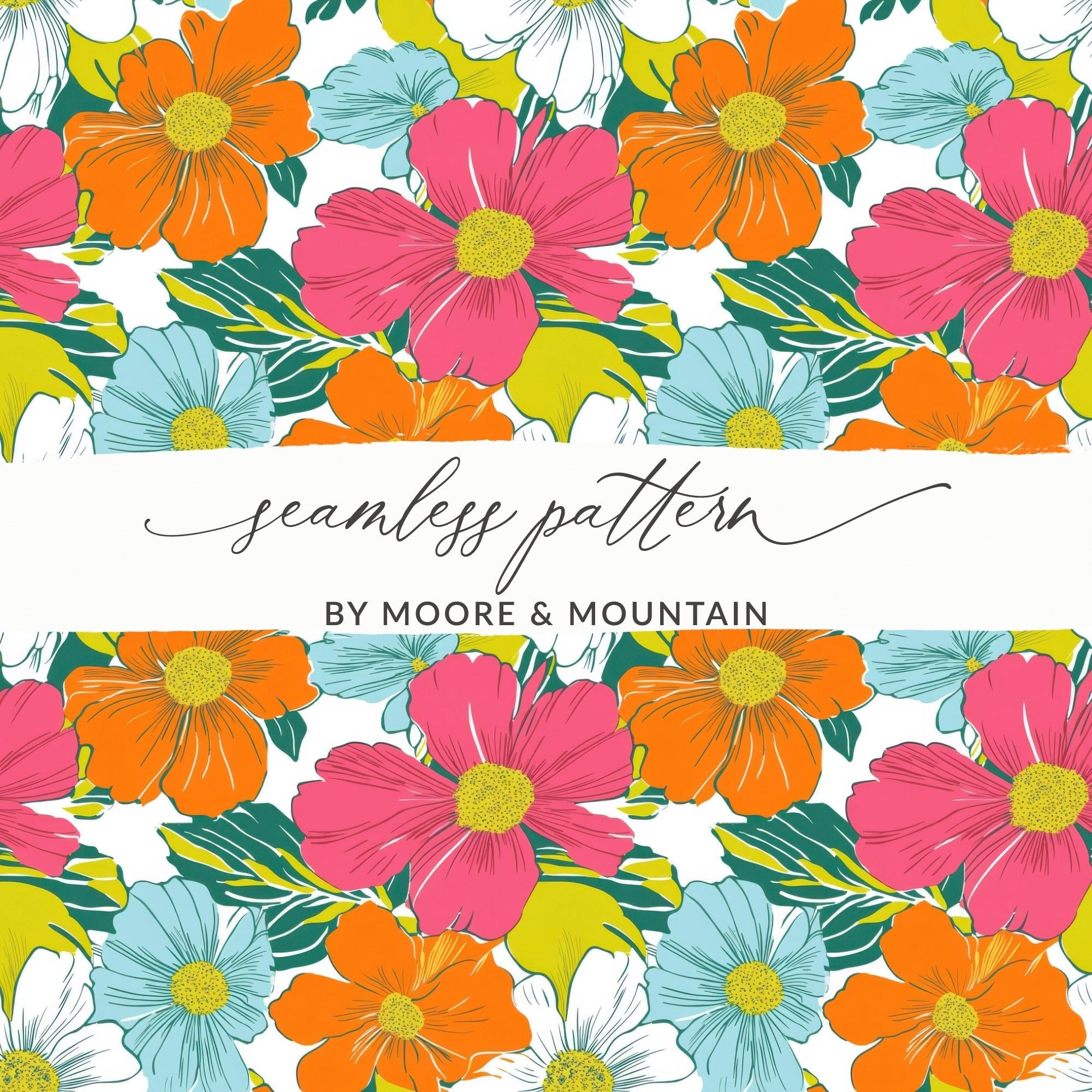 Preppy 60's Floral Pattern, Seamless Pattern, Digital Background, Pink Orange Blue White Flowers, Digital Product, for Fabric, Paper, and Crafts - Moore and Mountain