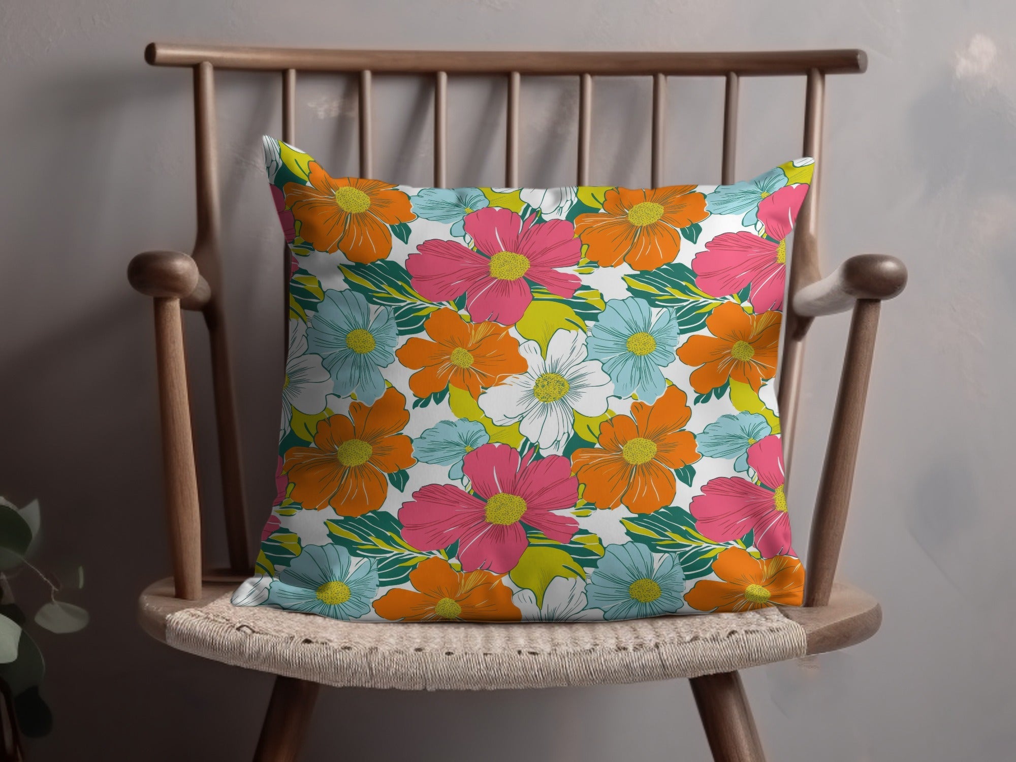 Preppy 60's Floral Pattern, Seamless Pattern, Digital Background, Pink Orange Blue White Flowers, Digital Product, for Fabric, Paper, and Crafts - Moore and Mountain