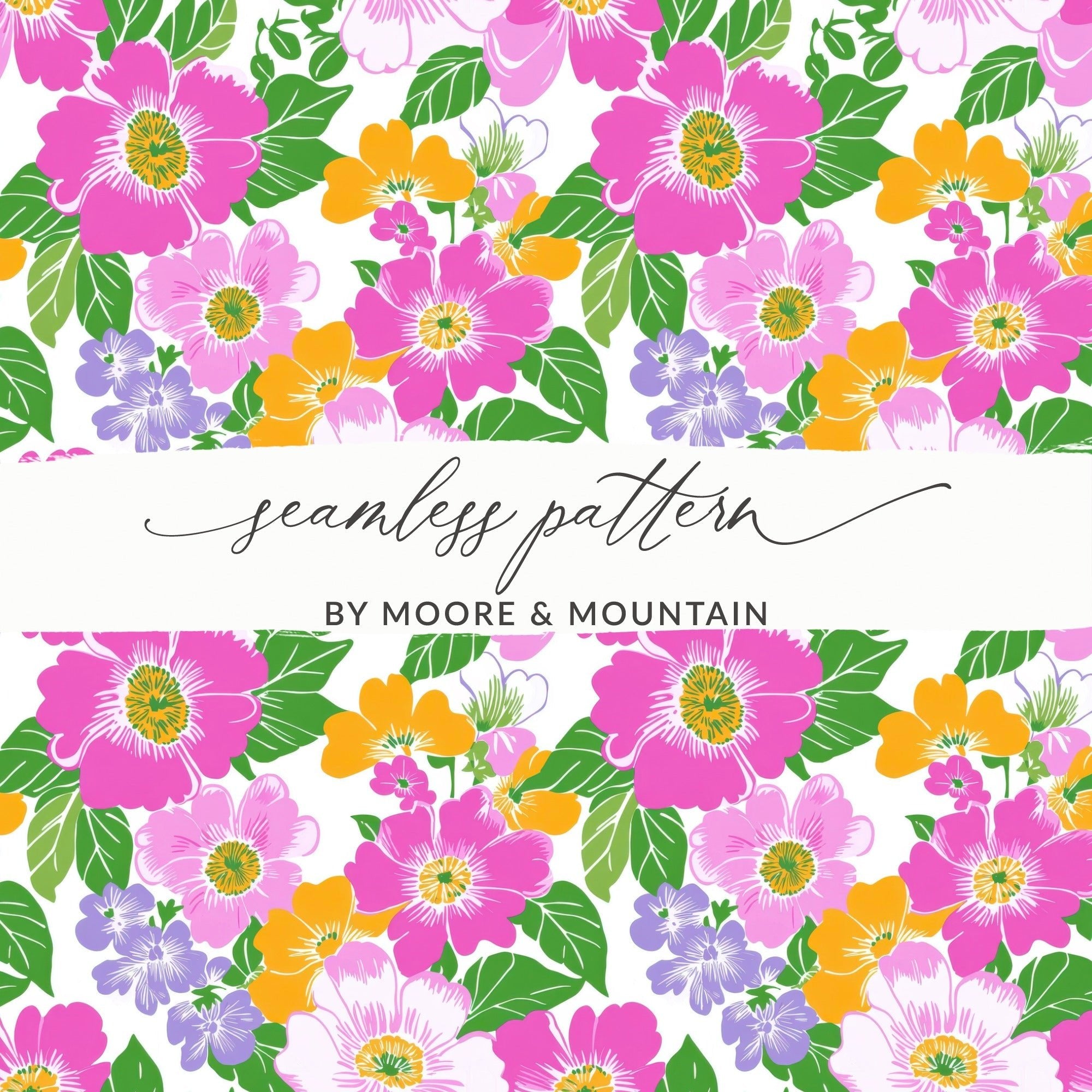 Preppy 60's Floral Pattern Seamless Pattern Digital Background, Pink Yellow Flowers, Fabric Design, Scrapbooking Paper, Digital Download - Moore and Mountain