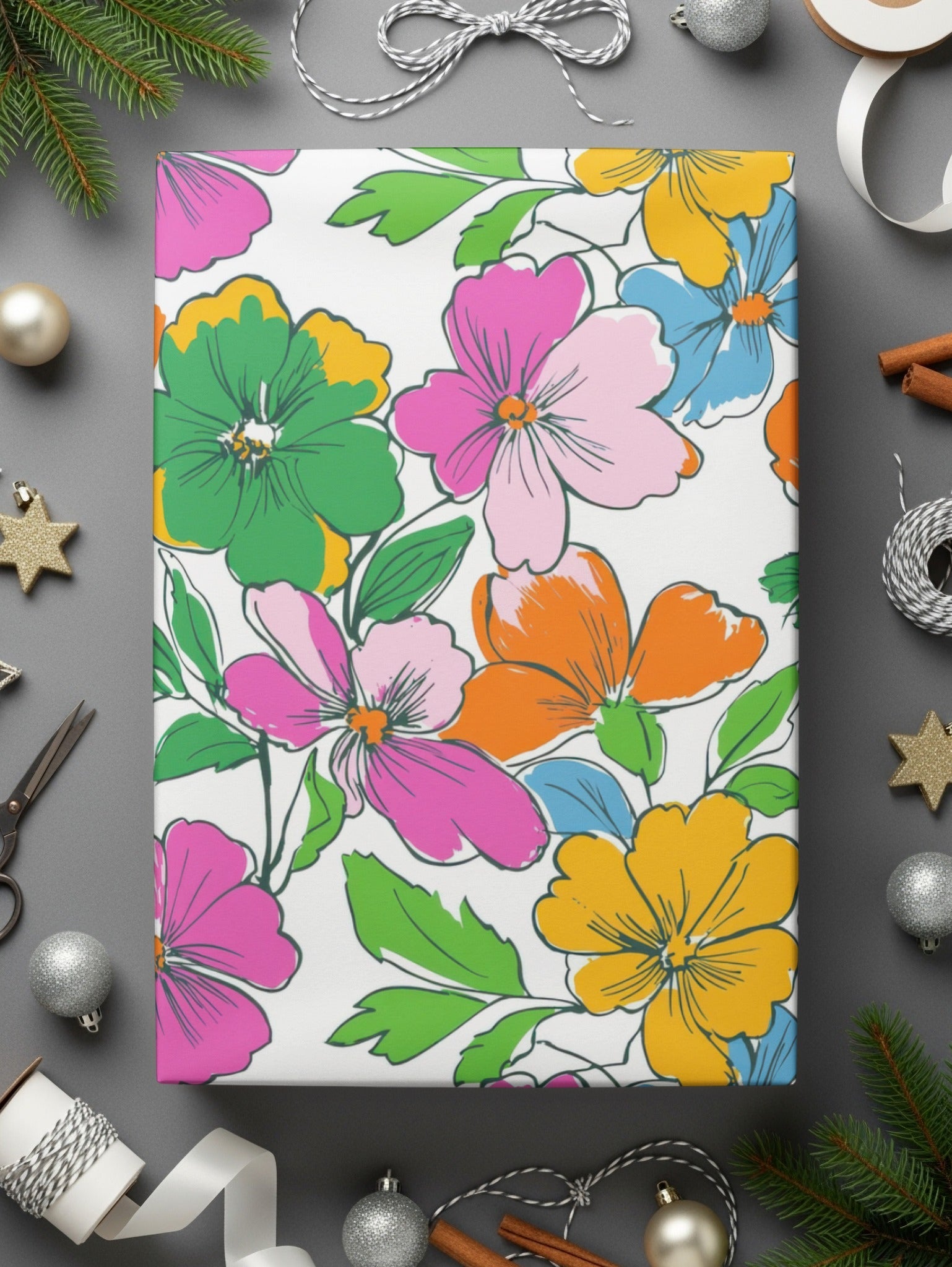 Preppy 60's floral pattern, seamless pattern, digital background, pink, yellow, orange, green, blue flower pattern, digital paper - Moore and Mountain