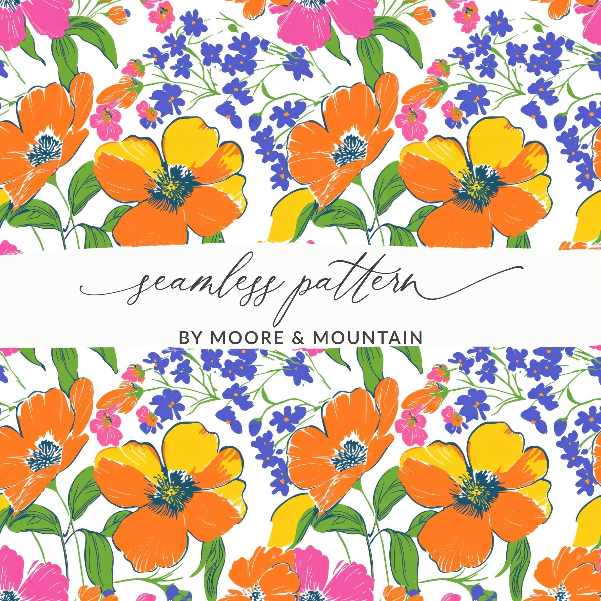 Preppy 60's Floral Pattern, Seamless Pattern, Orange Pink Blue Flower Digital Background, Floral Print, Flower Design, Digital Paper - Moore and Mountain