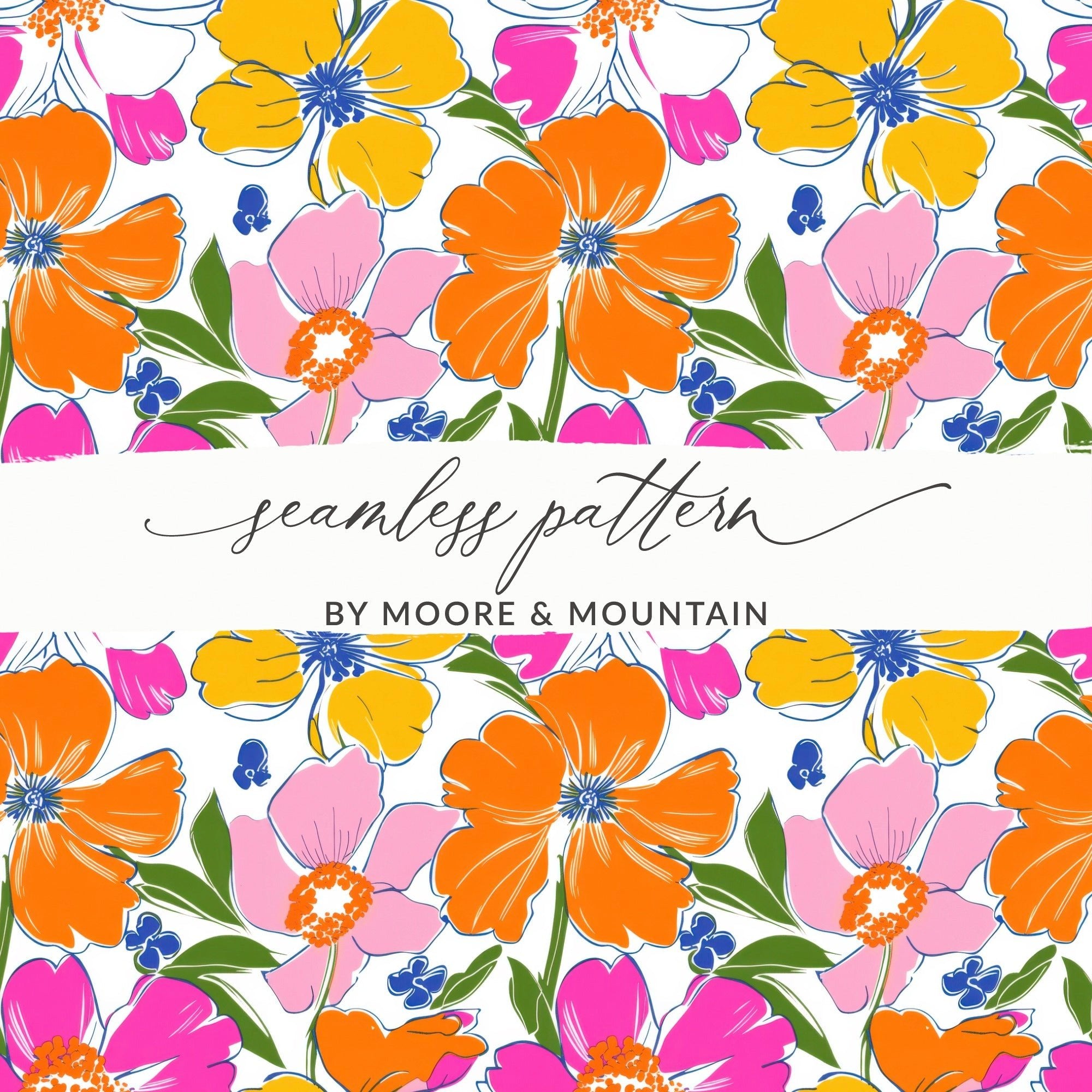 Preppy 60's floral pattern, seamless pattern, pink orange yellow flower digital background, vibrant floral designs, retro flower power pattern - Moore and Mountain