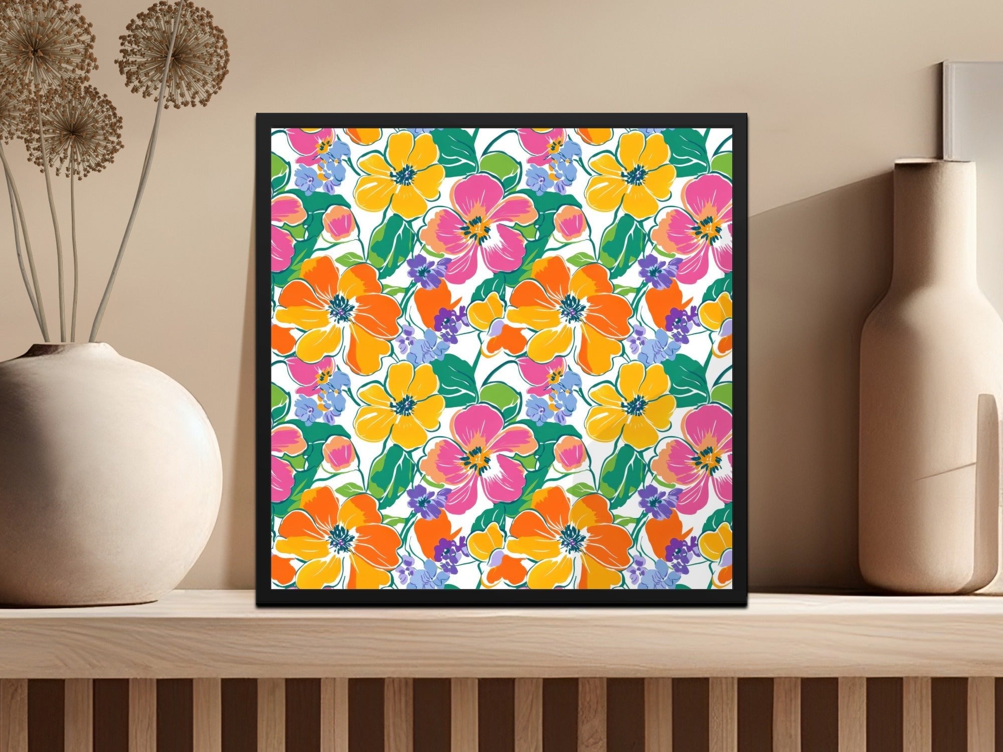 Preppy 60's floral pattern seamless pattern, yellow, orange, pink floral digital background, bright floral print, repeating flower design - Moore and Mountain