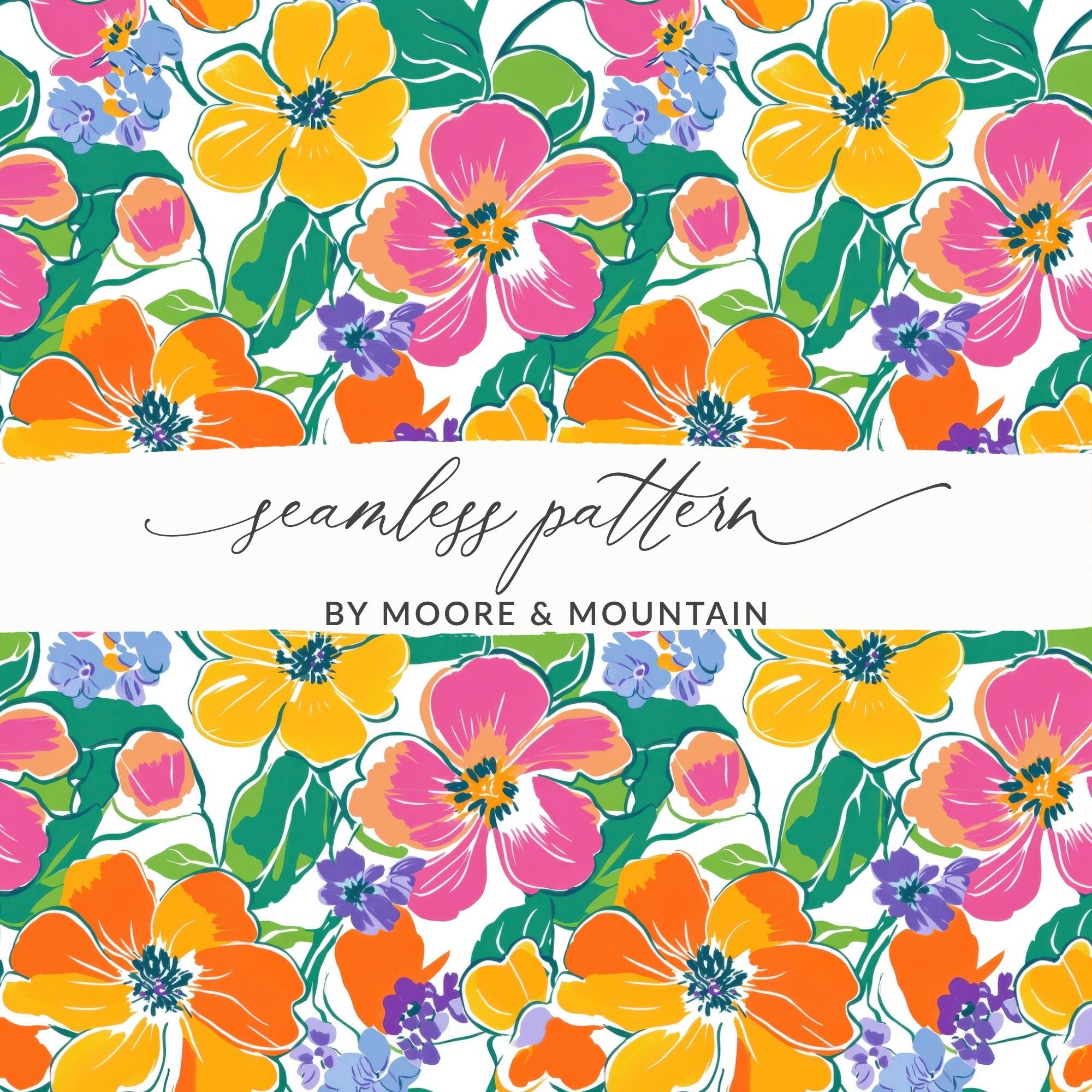 Preppy 60's floral pattern seamless pattern, yellow, orange, pink floral digital background, bright floral print, repeating flower design - Moore and Mountain