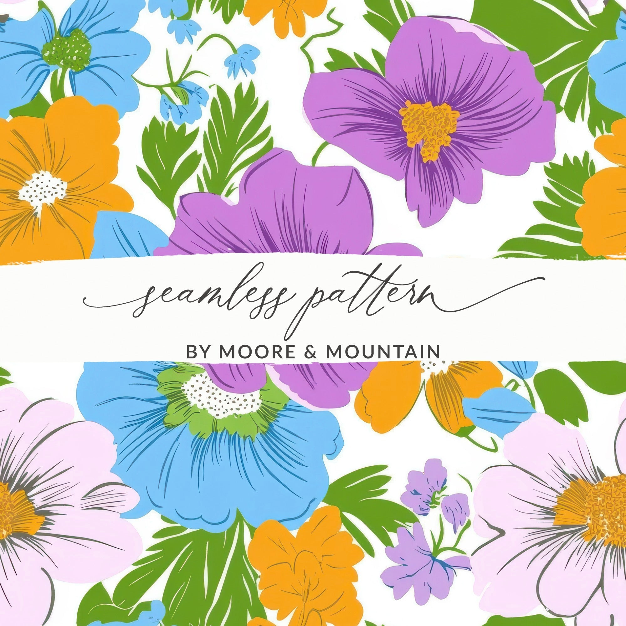 Preppy Blue Digital Paper, 60s floral pattern, Floral Clipart, Groovy Flowers, Seamless Background, Scrapbook Paper, Fabric Design - Moore and Mountain