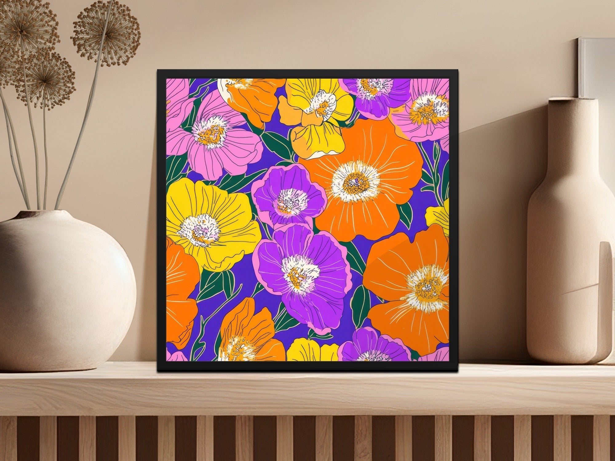 Preppy Orange 60s floral pattern, Digital Paper, Groovy Floral Background, Seamless Retro Flowers, Scrapbook Paper, Fabric Design - Moore and Mountain