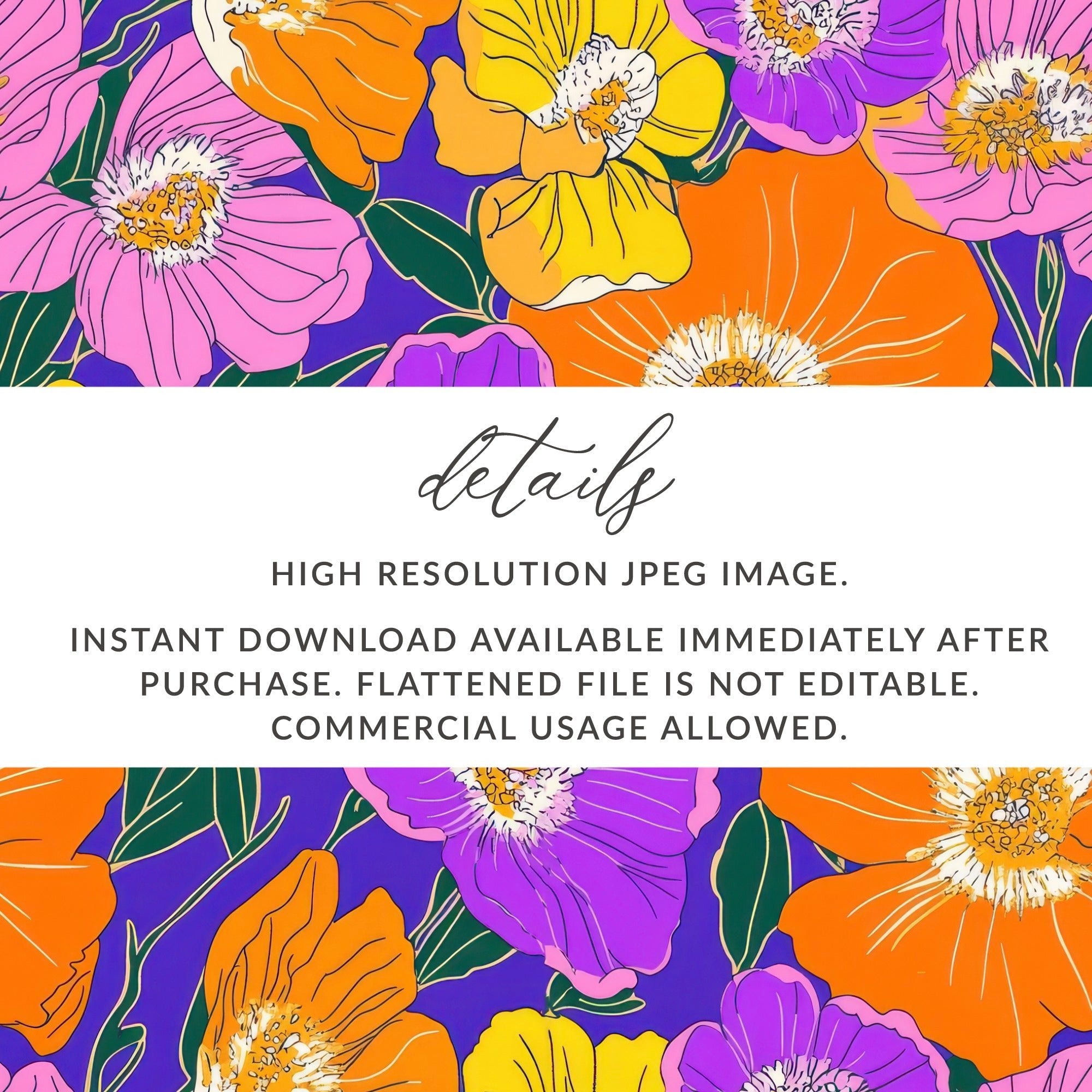 Preppy Orange 60s floral pattern, Digital Paper, Groovy Floral Background, Seamless Retro Flowers, Scrapbook Paper, Fabric Design - Moore and Mountain