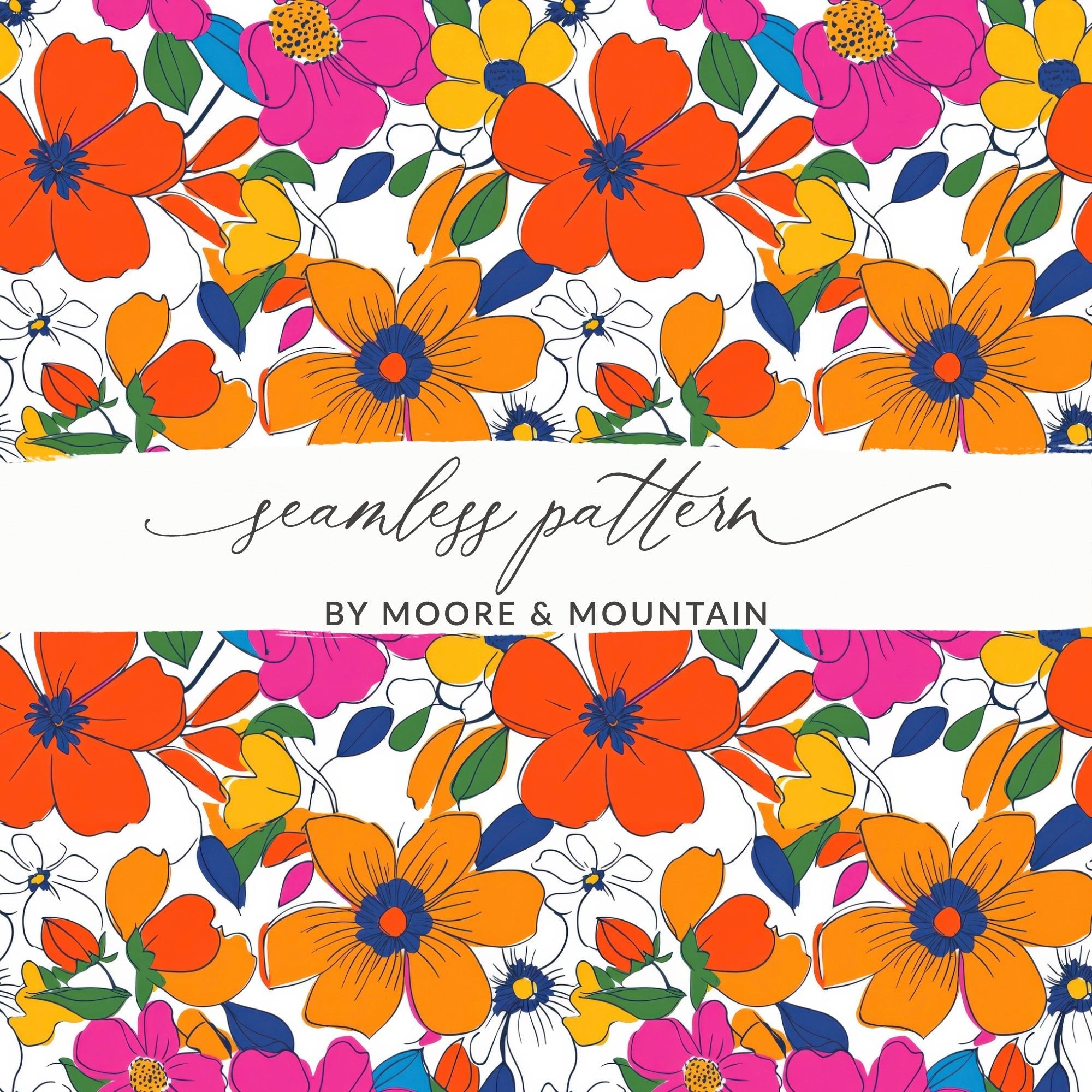 Preppy Orange Pink Floral Seamless Pattern, 60's Floral Pattern, Digital Background, Repeat Pattern, Trendy Flower Design, Digital Paper, Fabric - Moore and Mountain