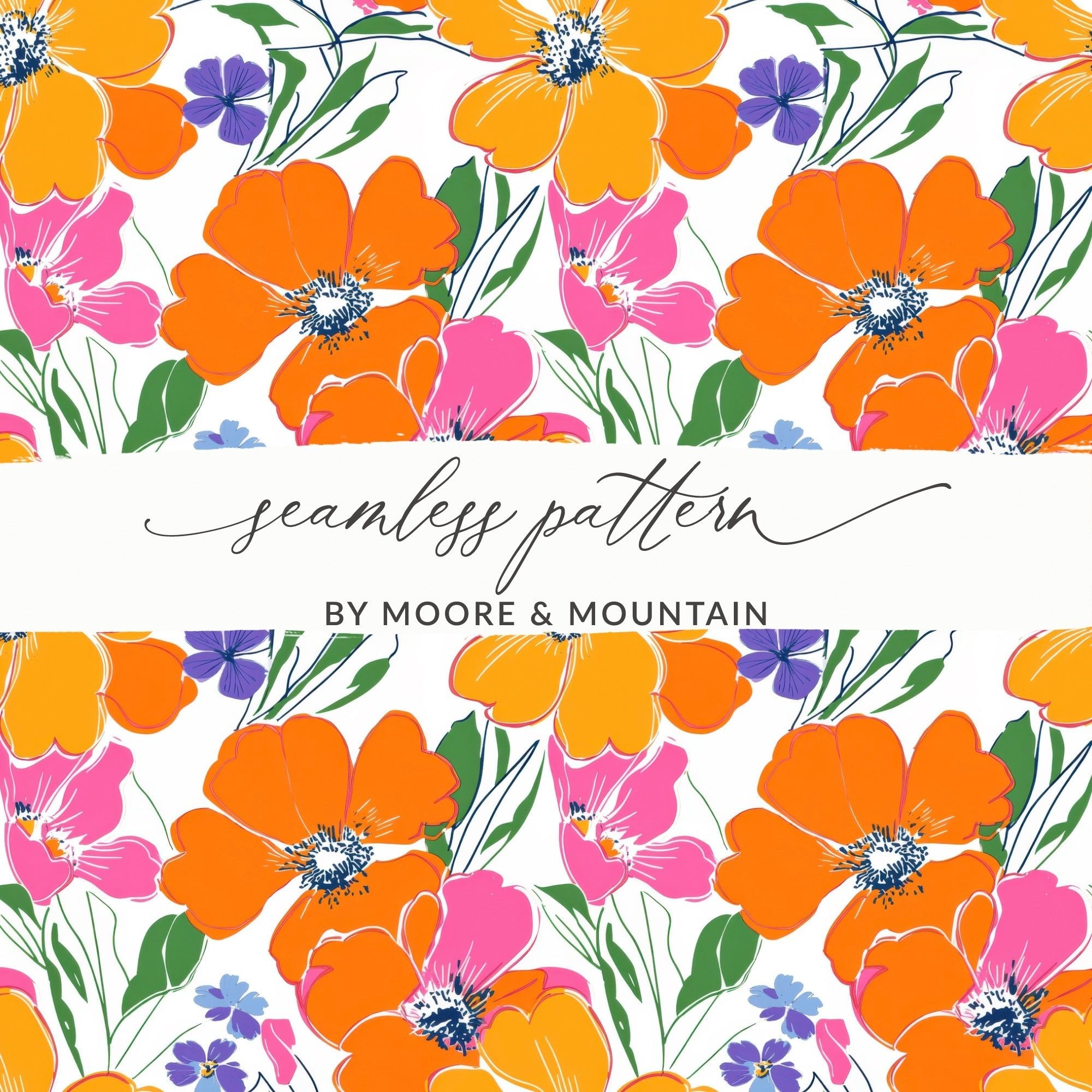 Preppy Orange Pink Floral Seamless Pattern, 90s Floral Pattern, Digital Background, Flower Repeat Pattern, Textile Design, Printable Art - Moore and Mountain