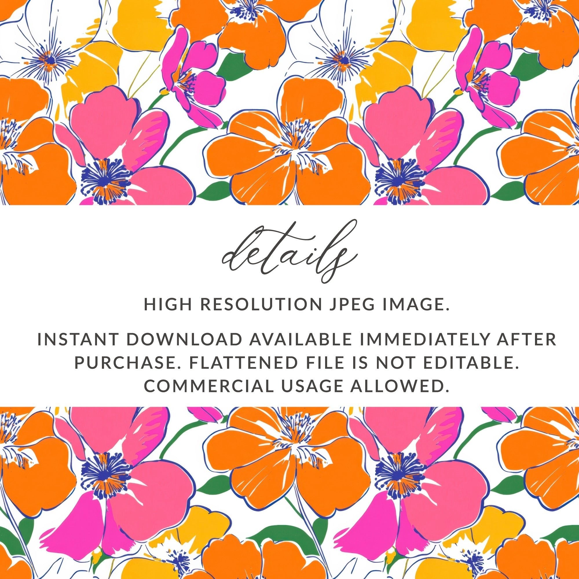 Preppy Orange Pink Floral Seamless Pattern, Digital Background, 60's floral pattern, Printable Fabric Design, Digital Paper, Flower Illustration - Moore and Mountain