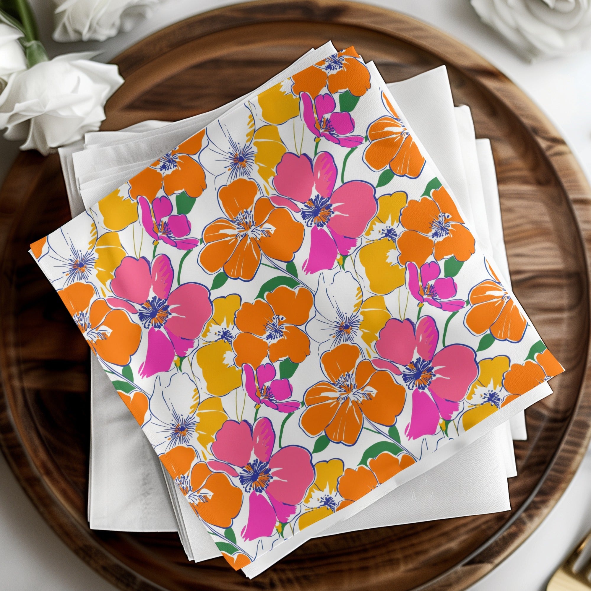 Preppy Orange Pink Floral Seamless Pattern, Digital Background, 60's floral pattern, Printable Fabric Design, Digital Paper, Flower Illustration - Moore and Mountain