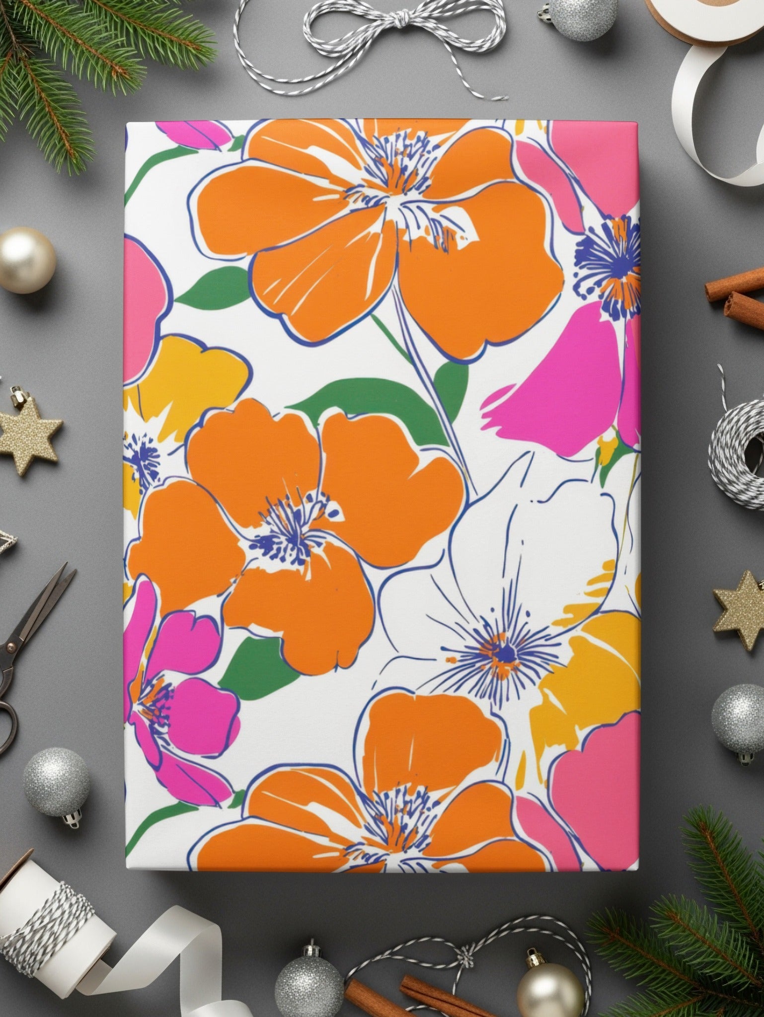 Preppy Orange Pink Floral Seamless Pattern, Digital Background, 60's floral pattern, Printable Fabric Design, Digital Paper, Flower Illustration - Moore and Mountain