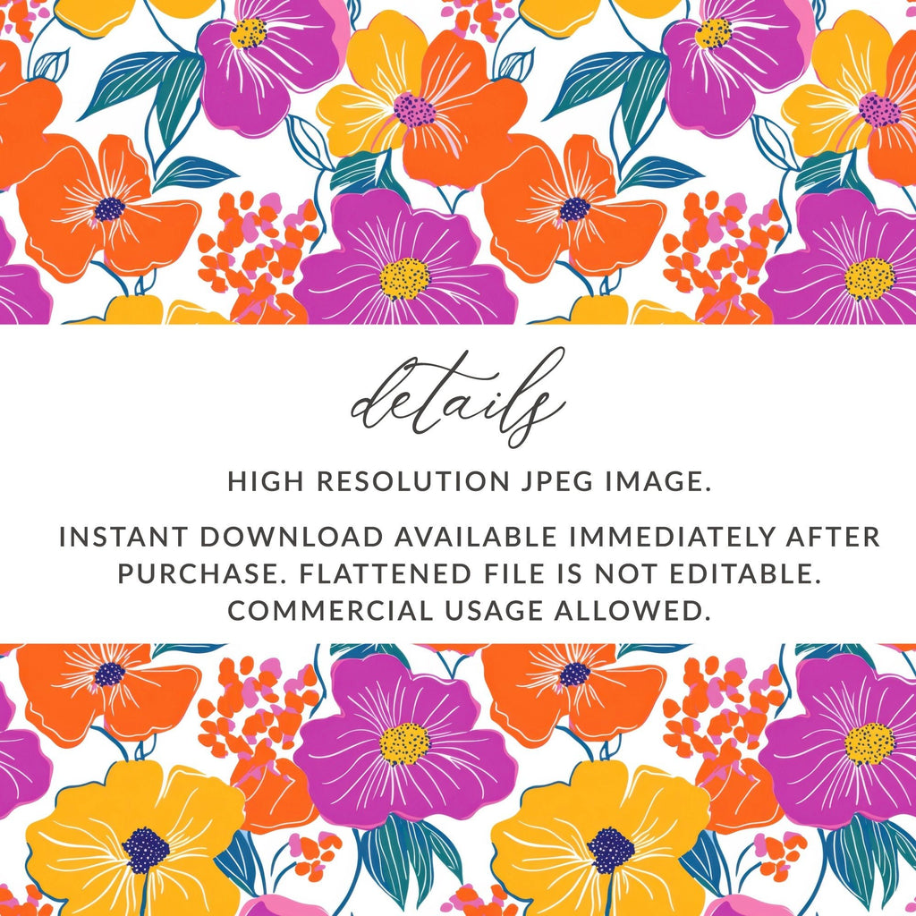 Preppy Orange Purple 60's Floral Pattern, Seamless Pattern, Digital Background, Flower Power Digital Paper - Moore and Mountain