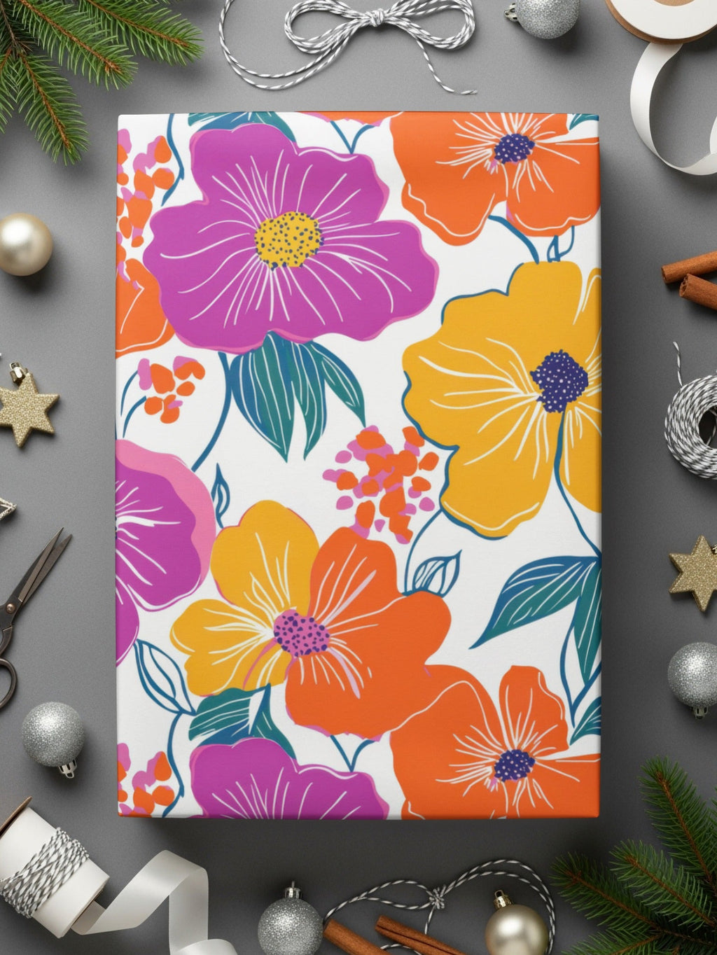 Preppy Orange Purple 60's Floral Pattern, Seamless Pattern, Digital Background, Flower Power Digital Paper - Moore and Mountain