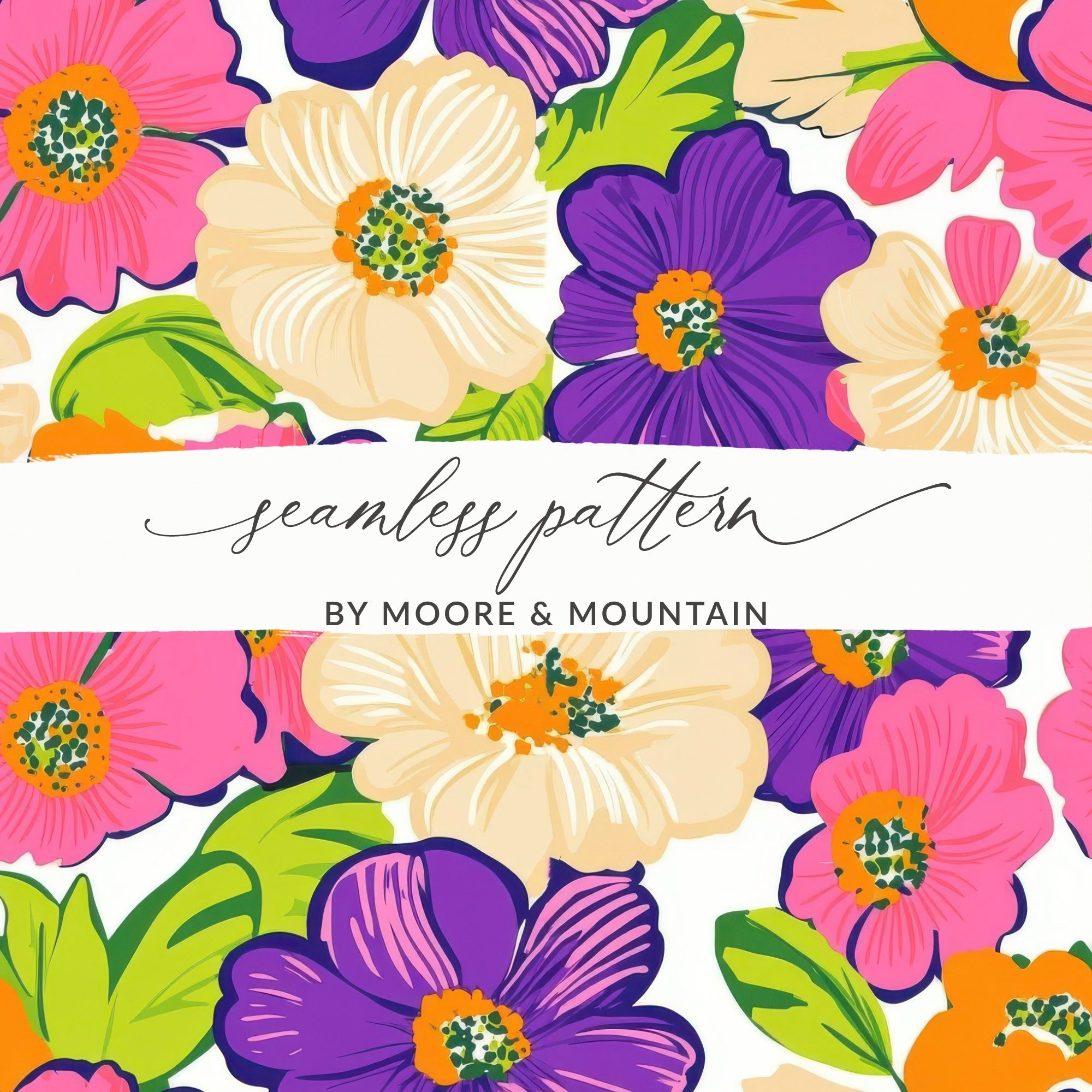 Preppy Pink Floral Digital Paper, 60s Floral Pattern, Retro Flower Background, Seamless Flower Pattern, Purple Flower Digital Download - Moore and Mountain
