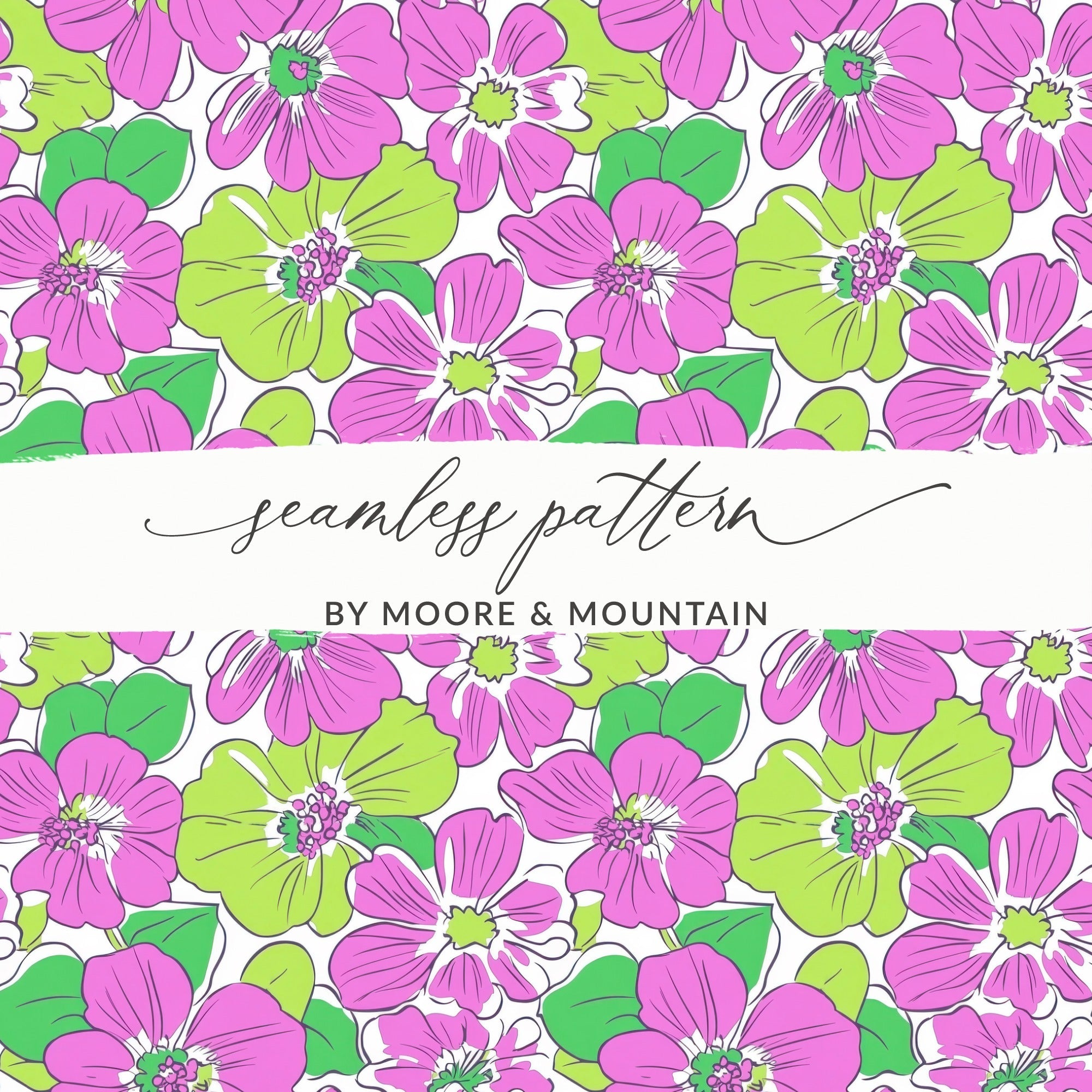 Preppy Pink Green Floral Digital Background, 60's floral pattern, Seamless Pattern, Repeat Pattern, Flower Print, Digital Paper, Fabric Design - Moore and Mountain
