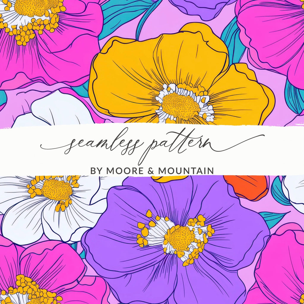 Preppy Pink Groovy Floral Background Digital Download, Seamless Retro Flowers, 60s Floral Pattern, Floral Design, Printable Art - Moore and Mountain