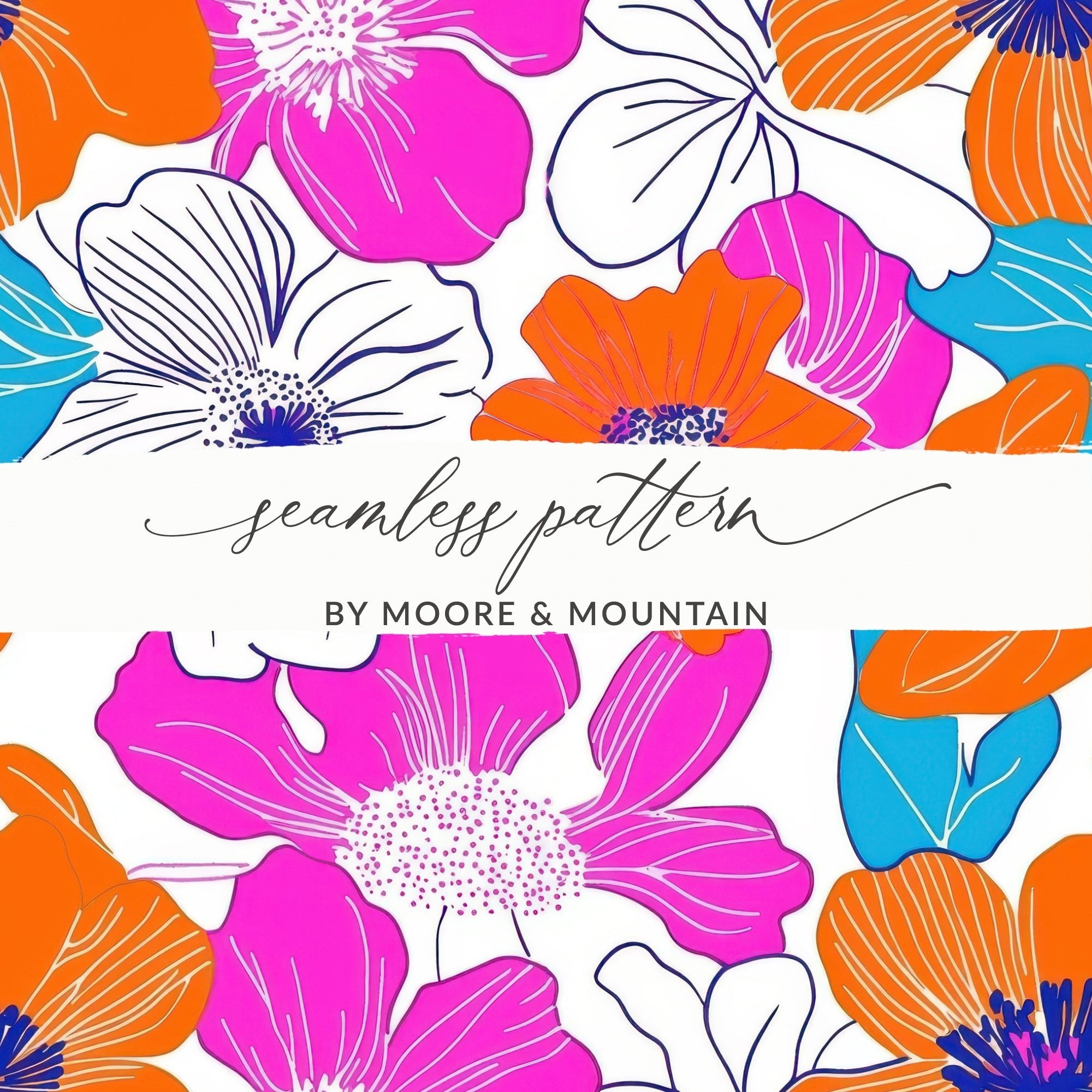 Preppy Pink Orange 60s Floral Pattern, Groovy Floral Background, Seamless Retro Flowers Digital Print, Trendy Floral Art Download - Moore and Mountain