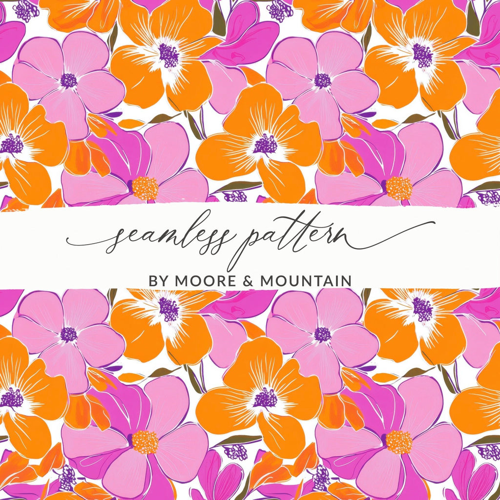 Preppy Pink Orange 60's Floral Pattern, Seamless Pattern, Digital Background, Flower Illustration, Repeating Design, Digital Paper - Moore and Mountain