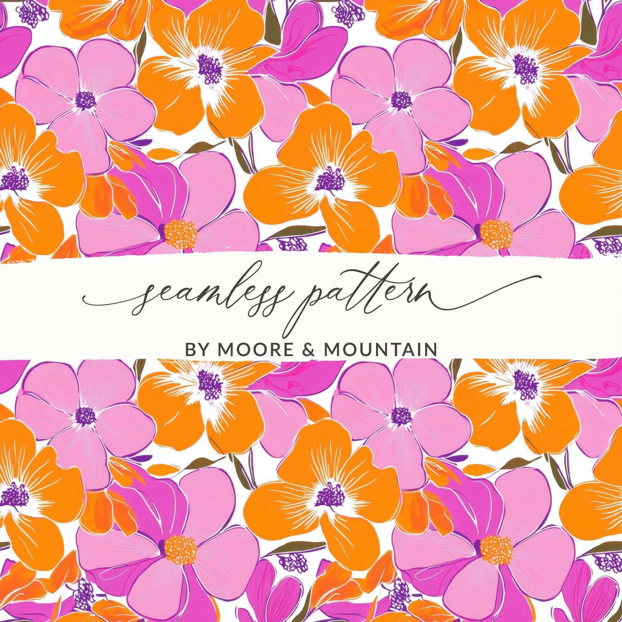 Preppy Pink Orange 60's Floral Pattern, Seamless Pattern, Digital Background, Flower Illustration, Repeating Design, Digital Paper - Moore and Mountain