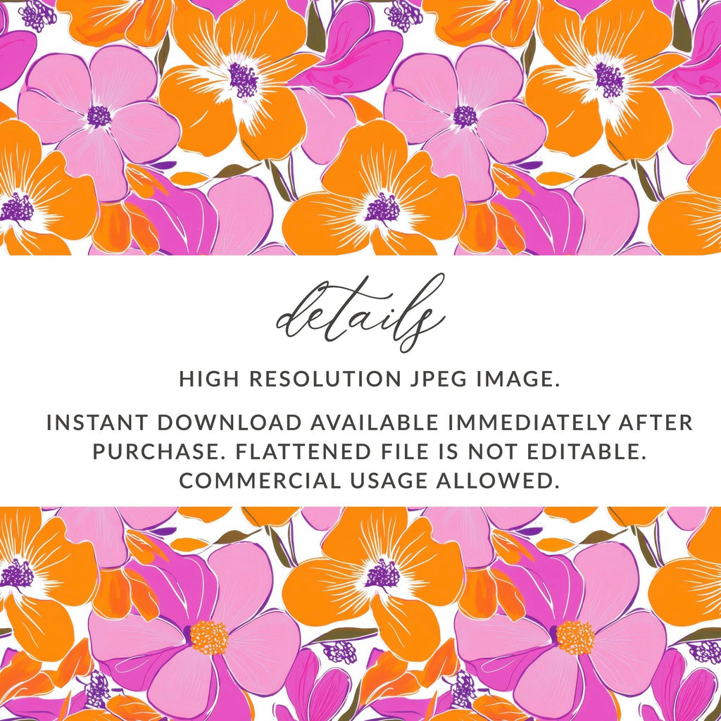 Preppy Pink Orange 60's Floral Pattern, Seamless Pattern, Digital Background, Flower Illustration, Repeating Design, Digital Paper - Moore and Mountain