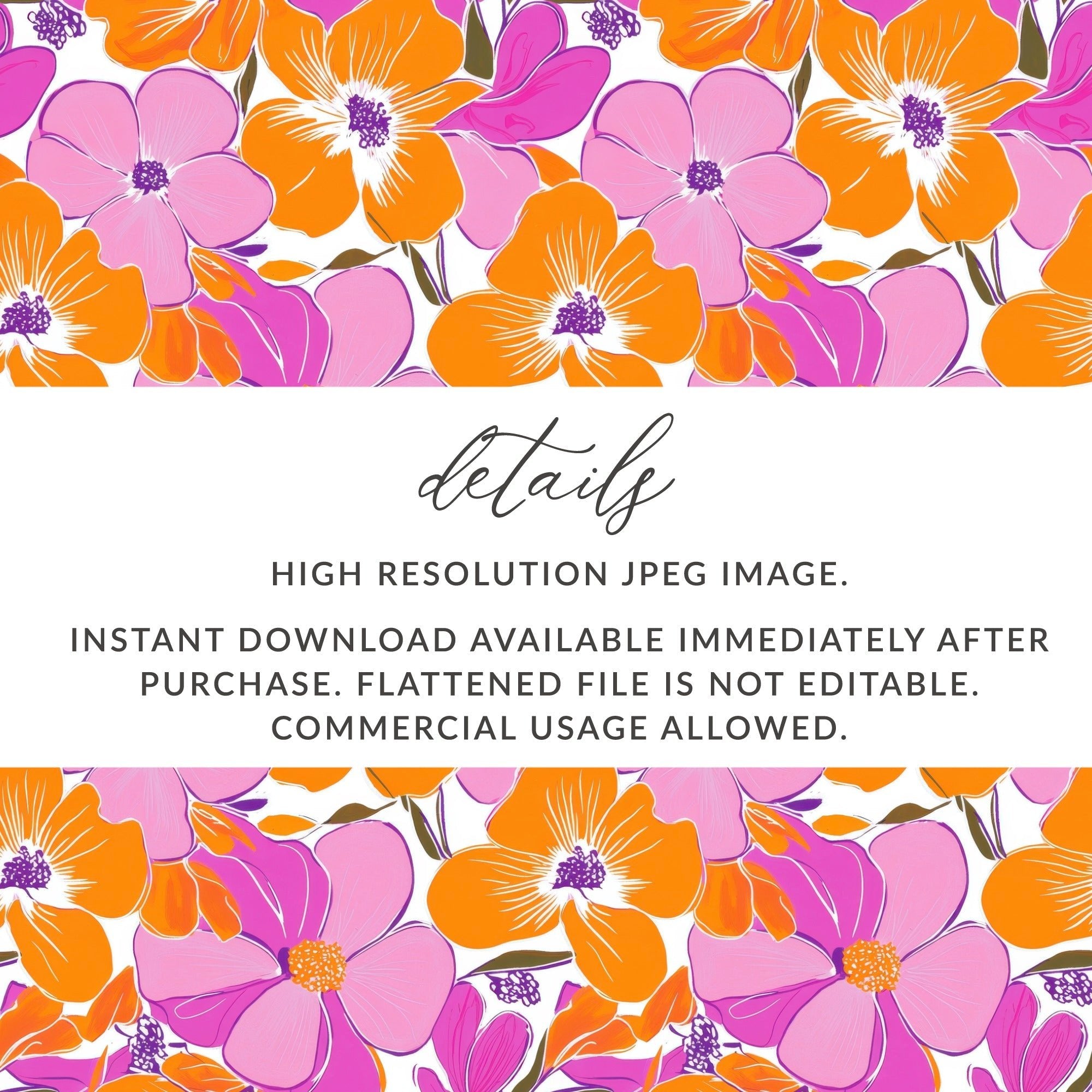 Preppy Pink Orange 60's Floral Pattern, Seamless Pattern, Digital Background, Flower Illustration, Repeating Design, Digital Paper - Moore and Mountain