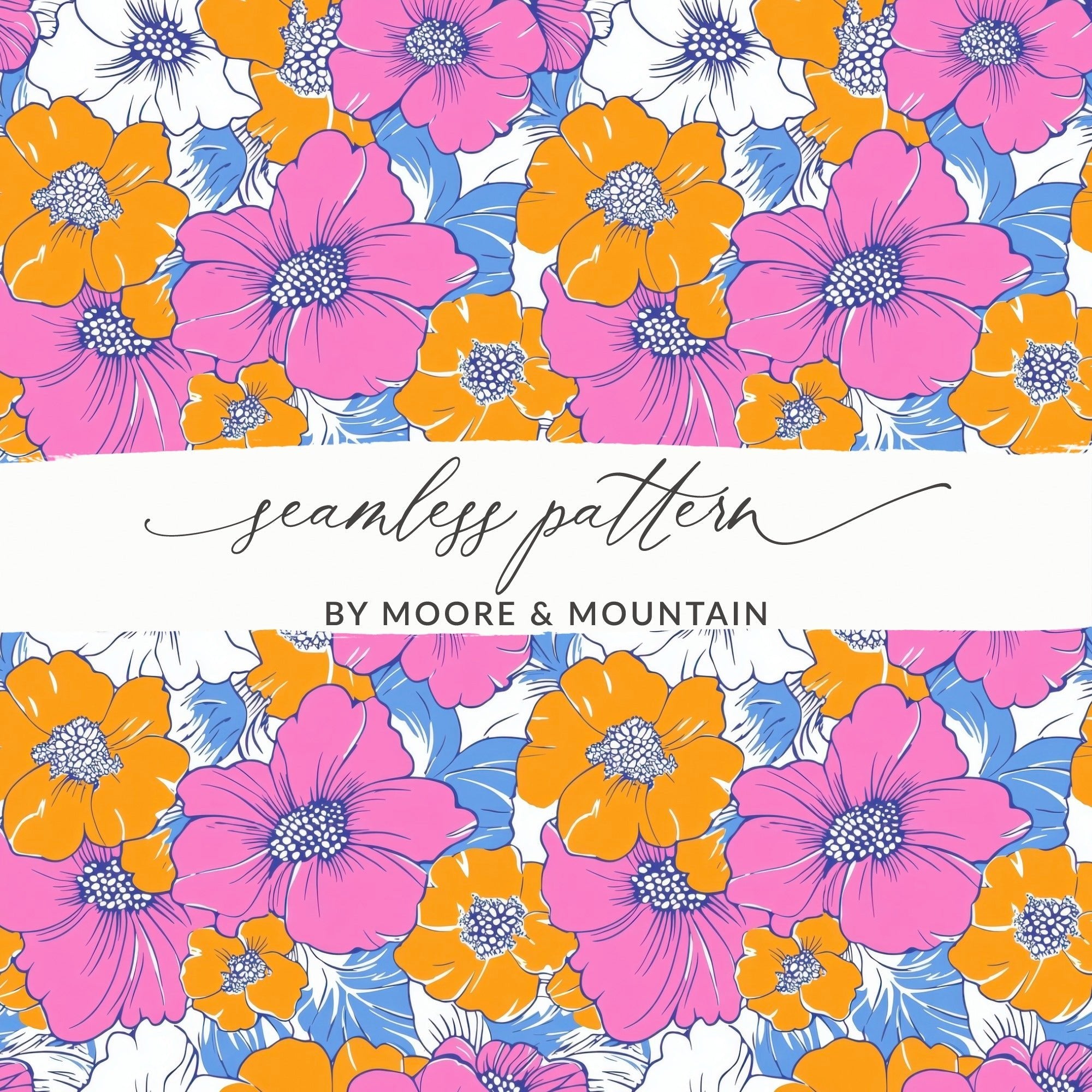 Preppy Pink Orange Floral Seamless Pattern, 60's Floral Pattern, Digital Background, Digital Paper, Retro Flower Pattern, Digital product - Moore and Mountain