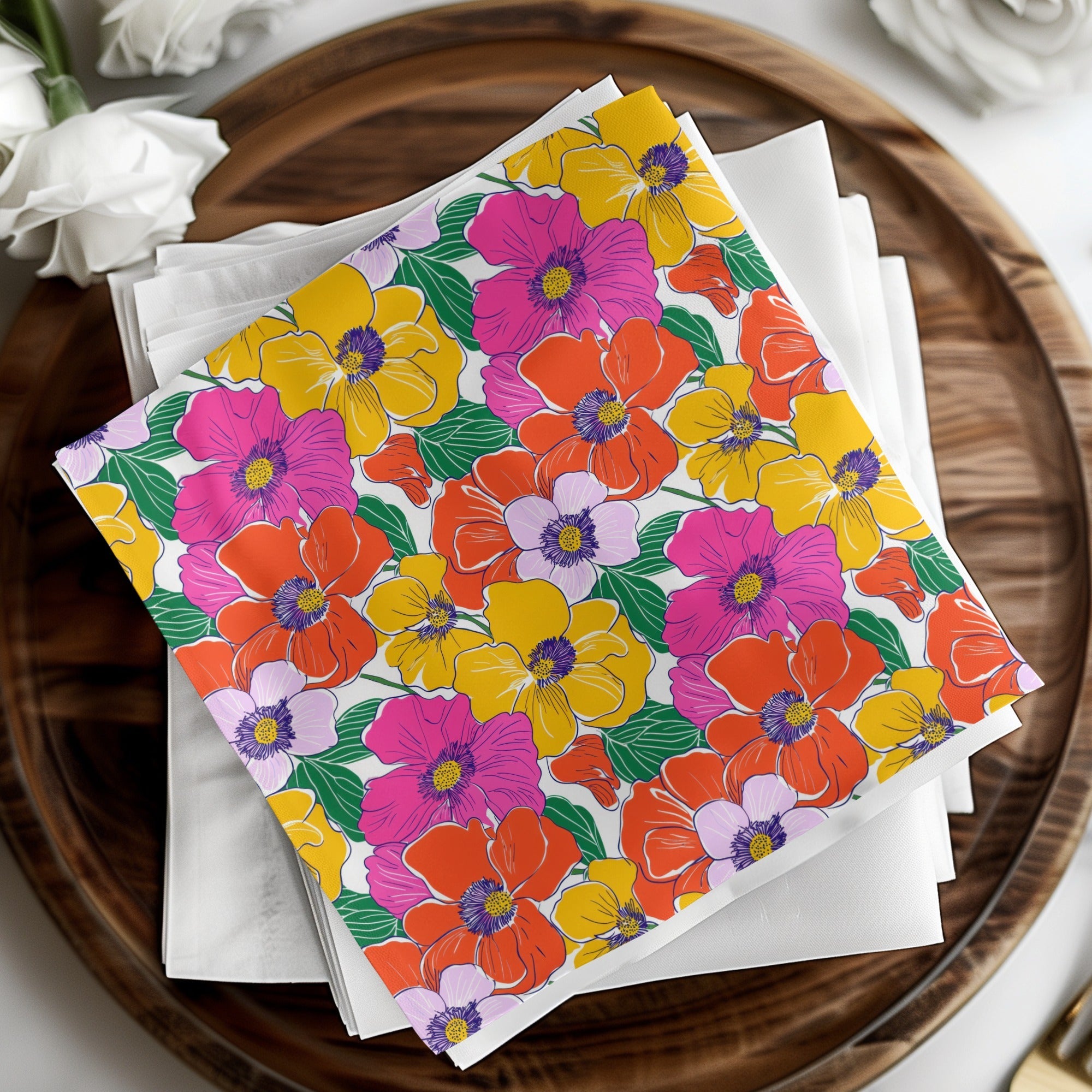 Preppy Pink Orange Yellow Floral 60's Floral Pattern, Seamless Pattern, Digital Background, Digital Paper, Fabric Design, Digital Product - Moore and Mountain