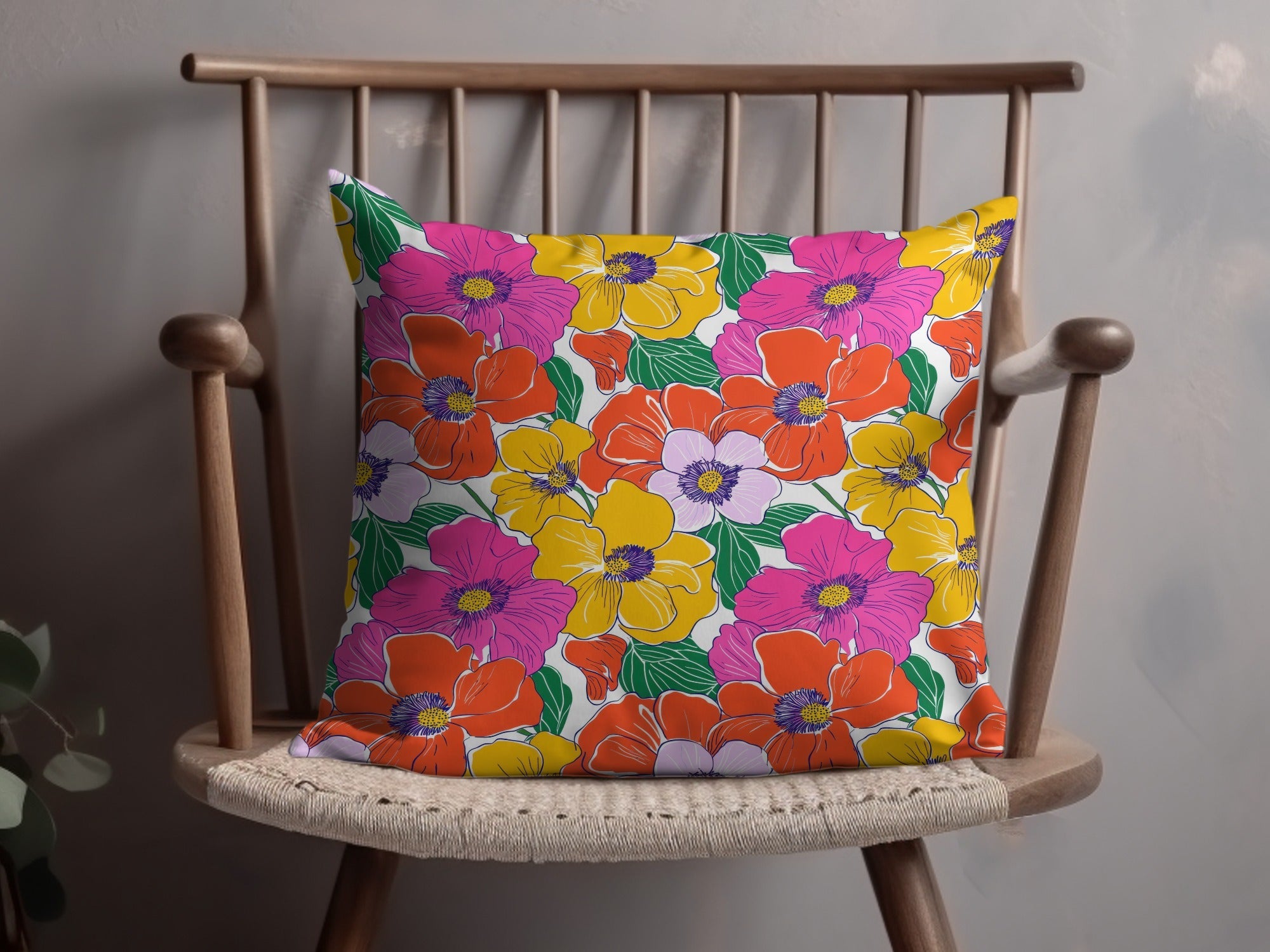 Preppy Pink Orange Yellow Floral 60's Floral Pattern, Seamless Pattern, Digital Background, Digital Paper, Fabric Design, Digital Product - Moore and Mountain